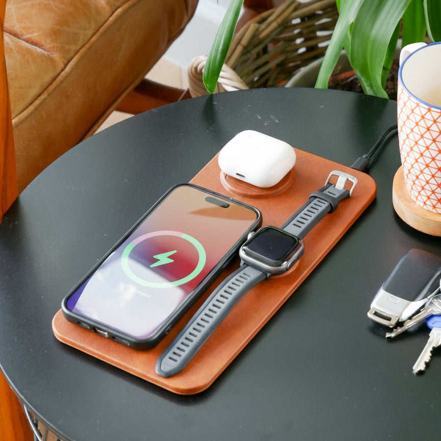 3 in 1 Wireless Charging Pad PU Leather Brown