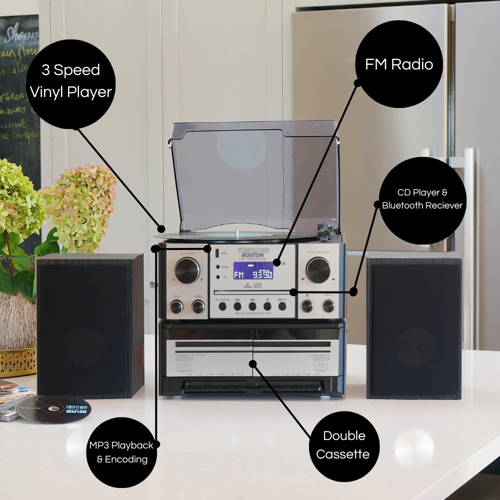 Boston Silver & Black Wood 5 in 1 Music Centre