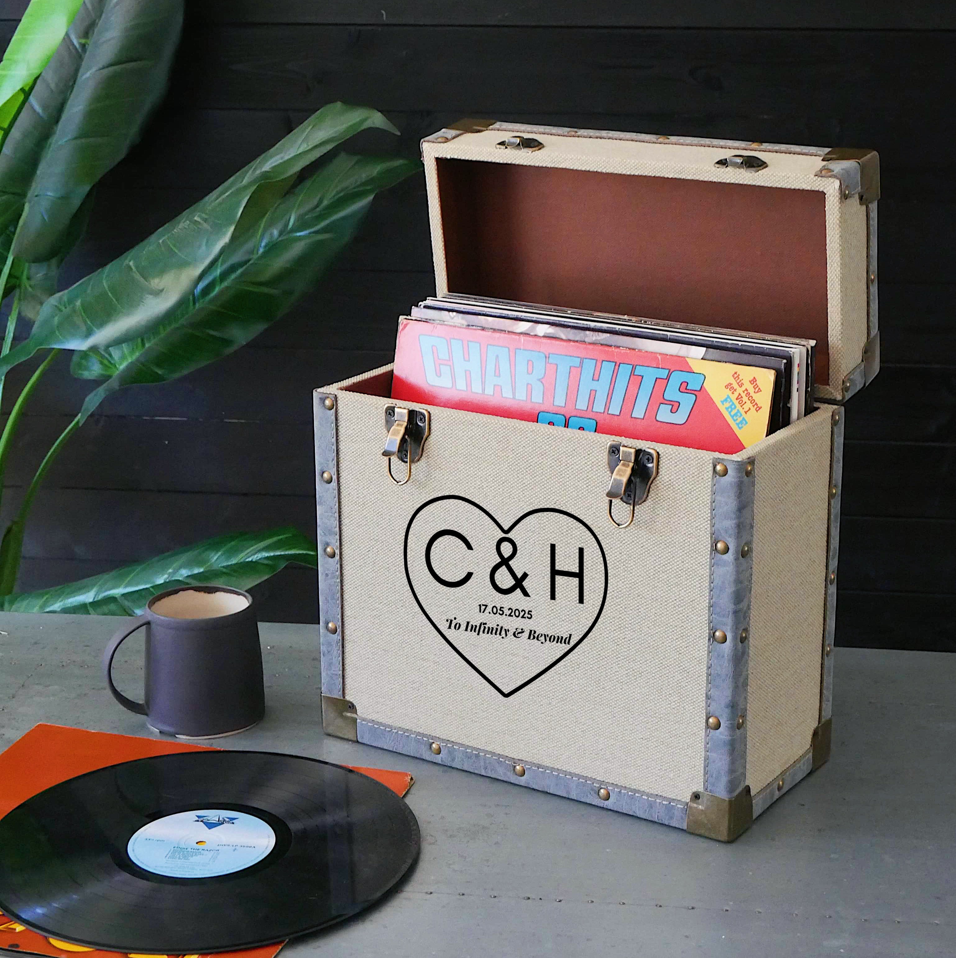 12 Inch Vinyl Record Storage Box Cream Fabric & Grey Faux Leather Trim