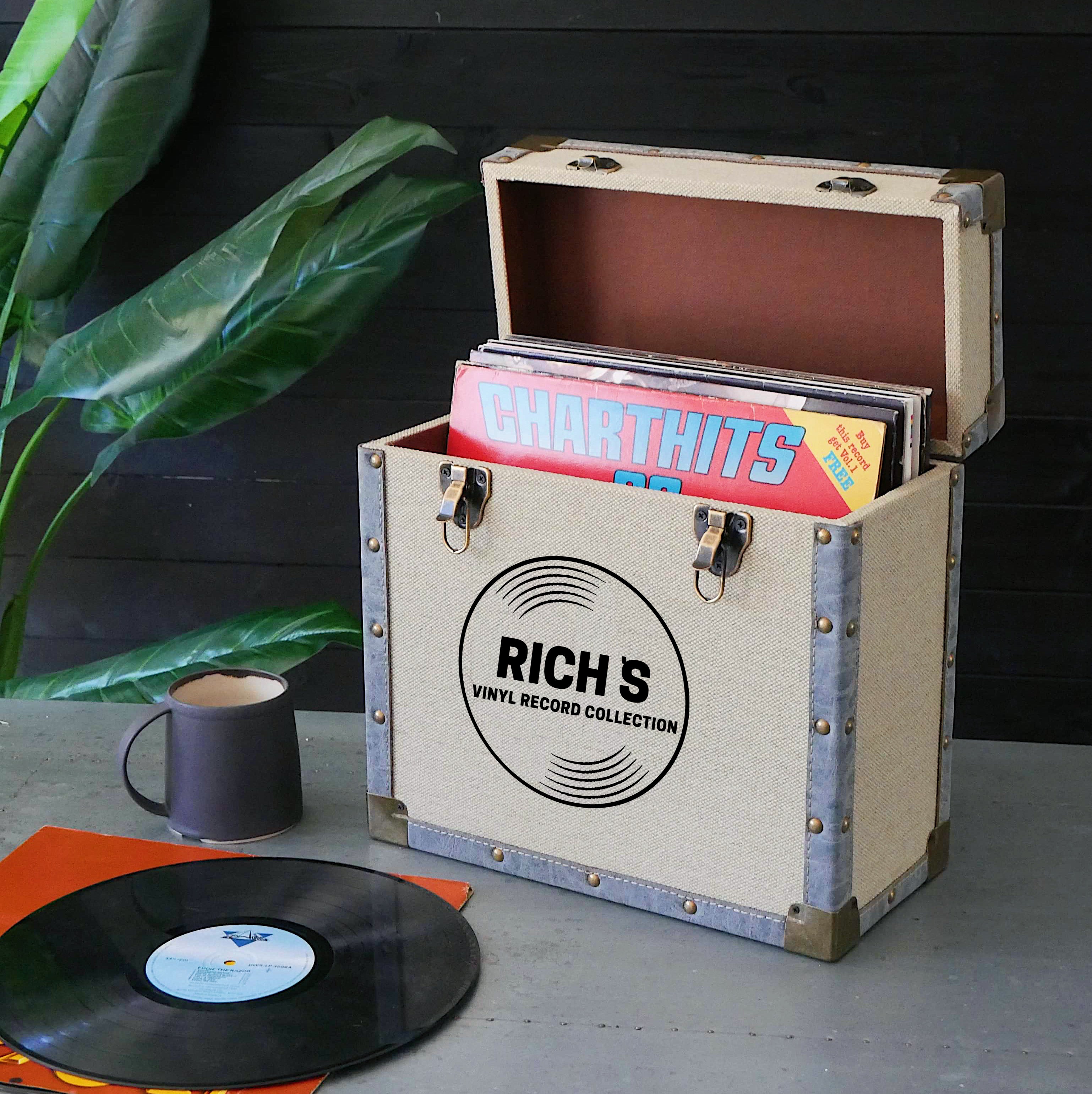 12 Inch Vinyl Record Storage Box Cream Fabric & Grey Faux Leather Trim