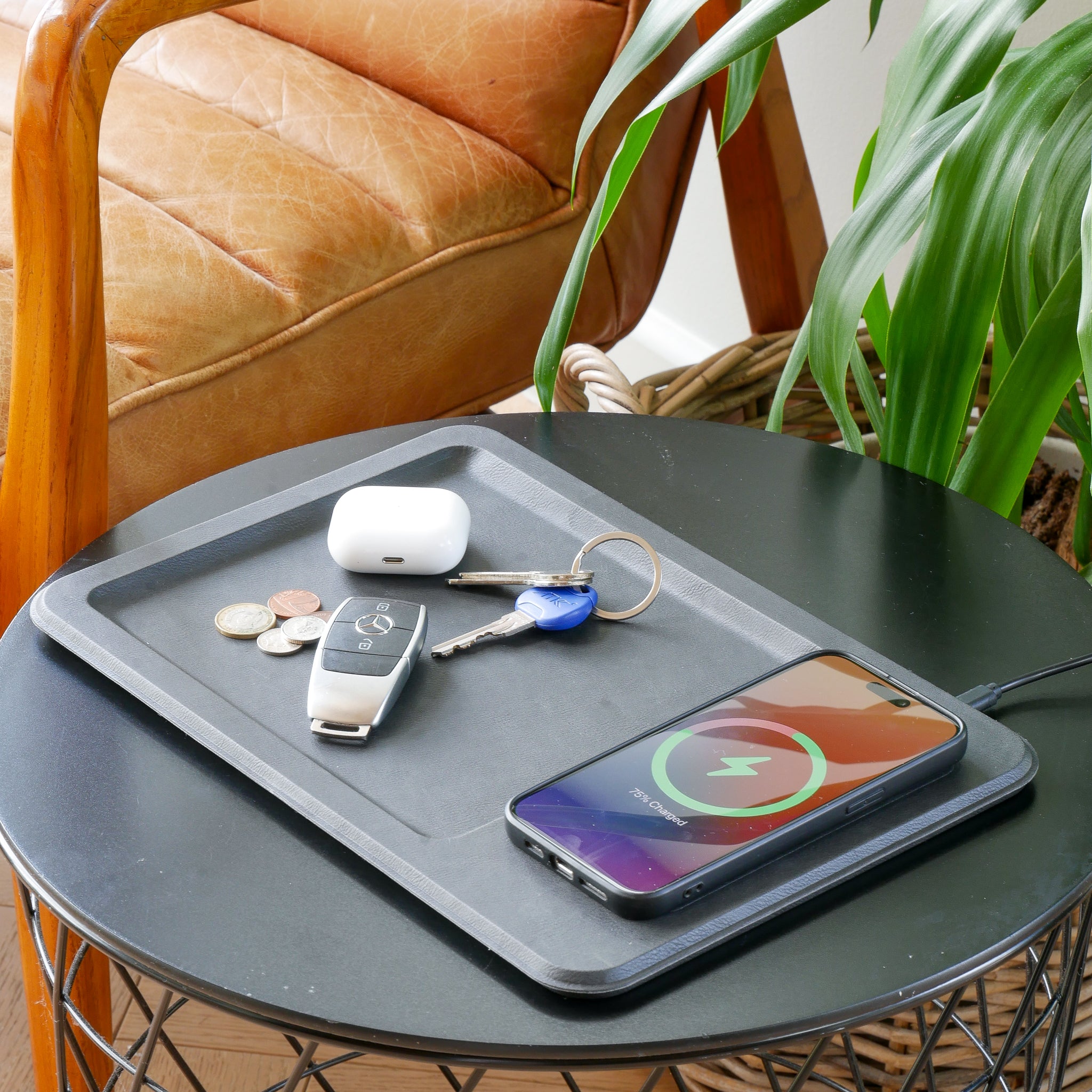 PU Leather Wireless Charging Vanity Tray Black