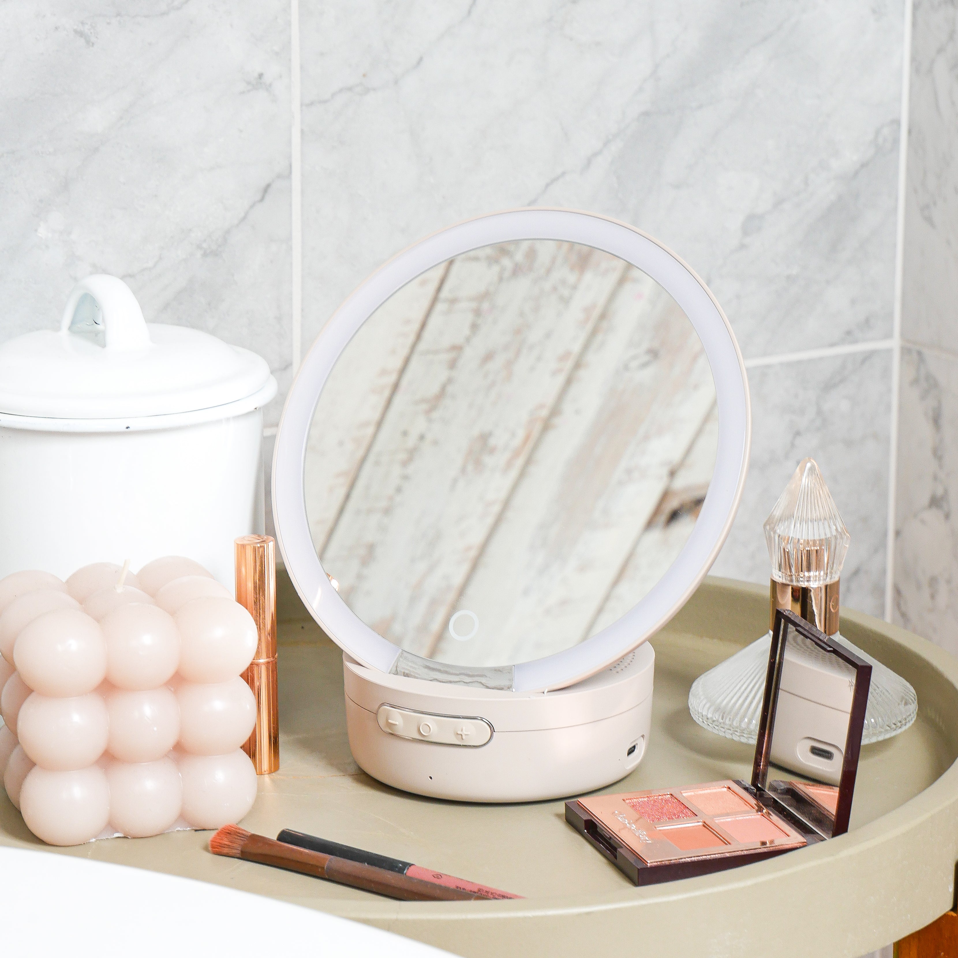 Glow Mini Portable Travel Size Ring Light Mirror & Bluetooth Speaker