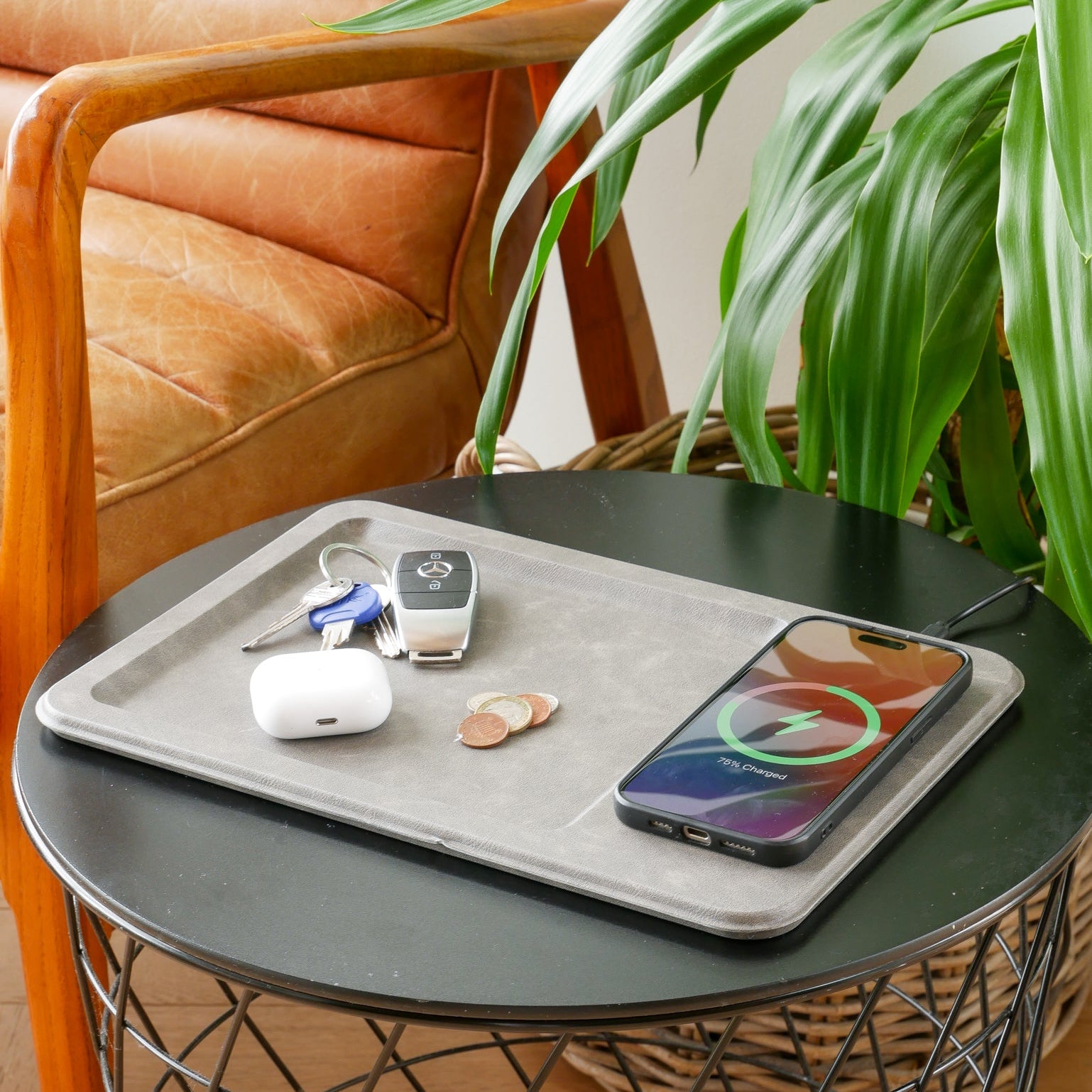 PU Leather Wireless Charging Vanity Tray Grey