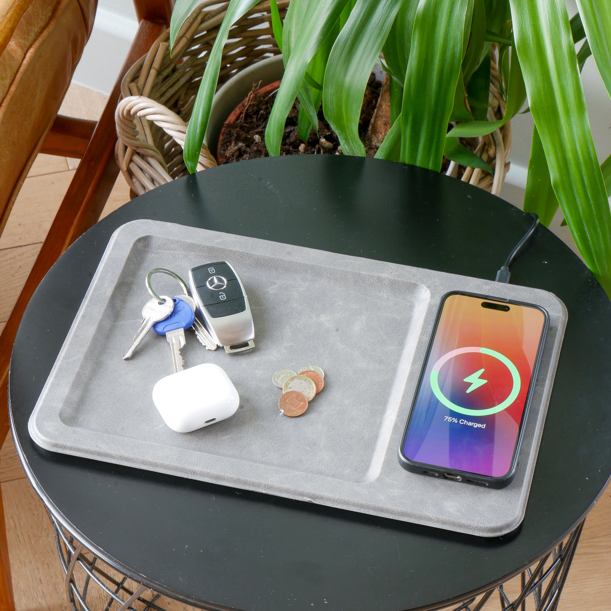 PU Leather Wireless Charging Vanity Tray Grey