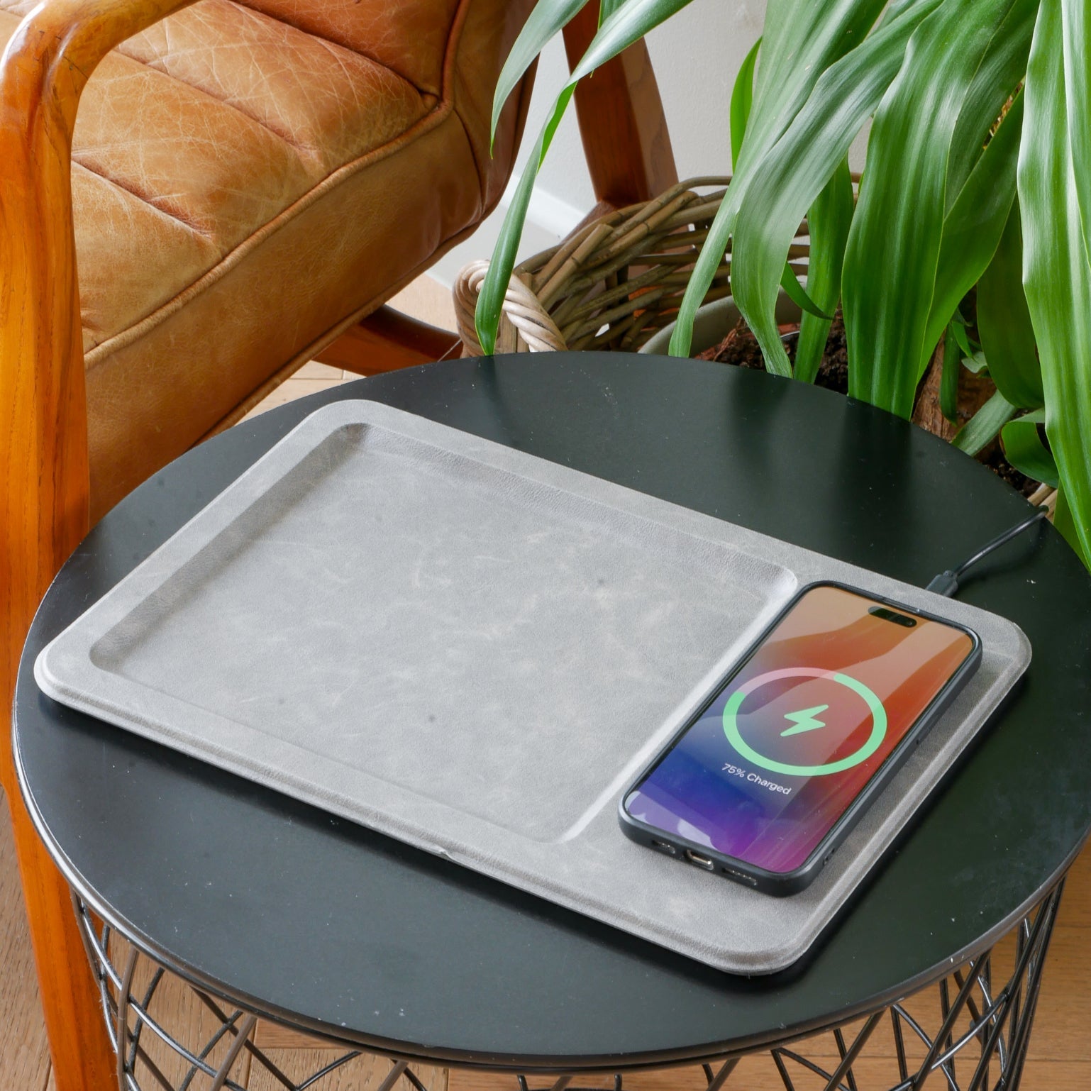 PU Leather Wireless Charging Vanity Tray Grey