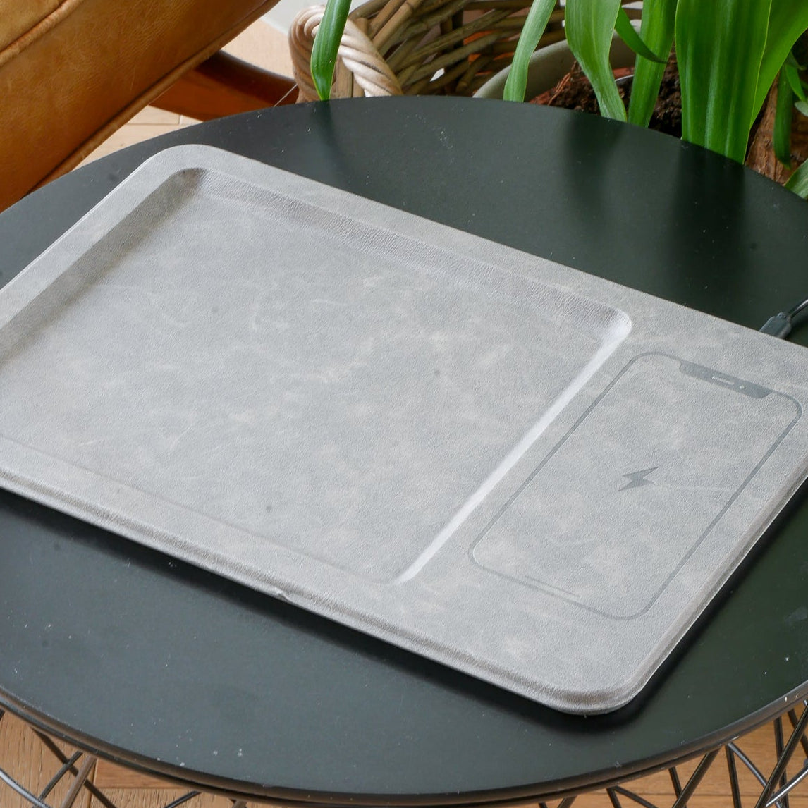 PU Leather Wireless Charging Vanity Tray Grey