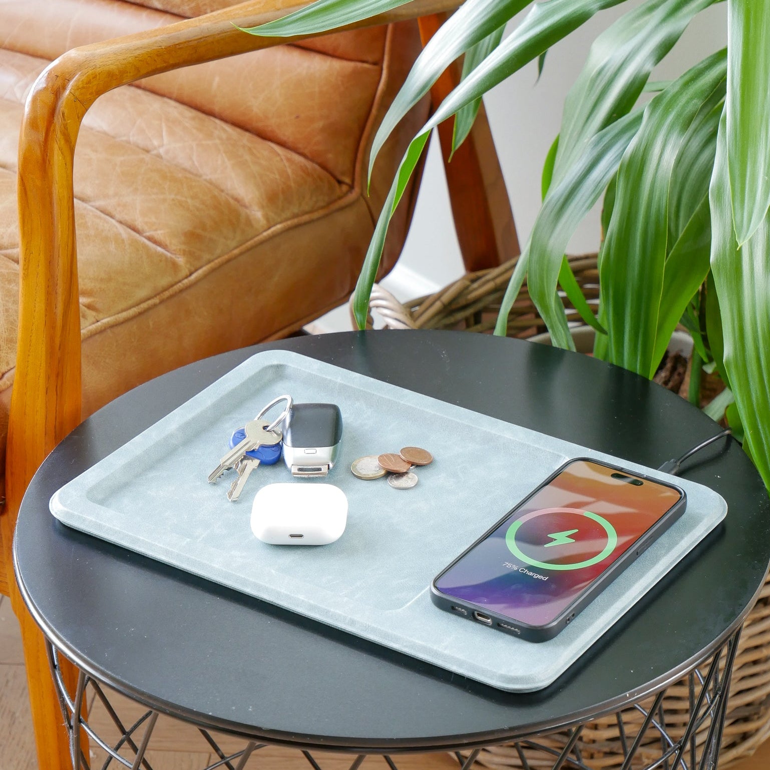 PU Leather Wireless Charging Vanity Tray Blue
