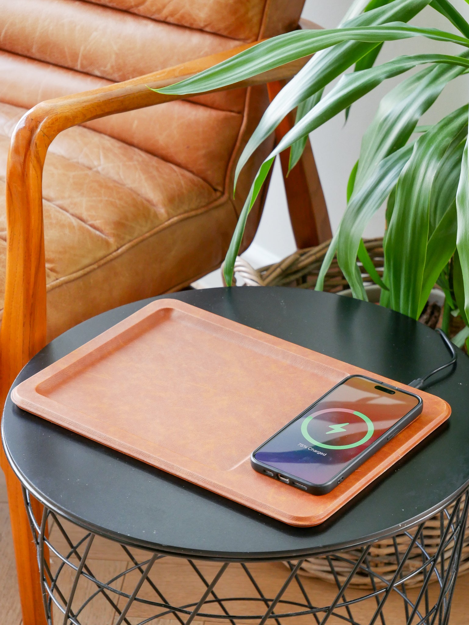 PU Leather Wireless Charging Vanity Tray Brown