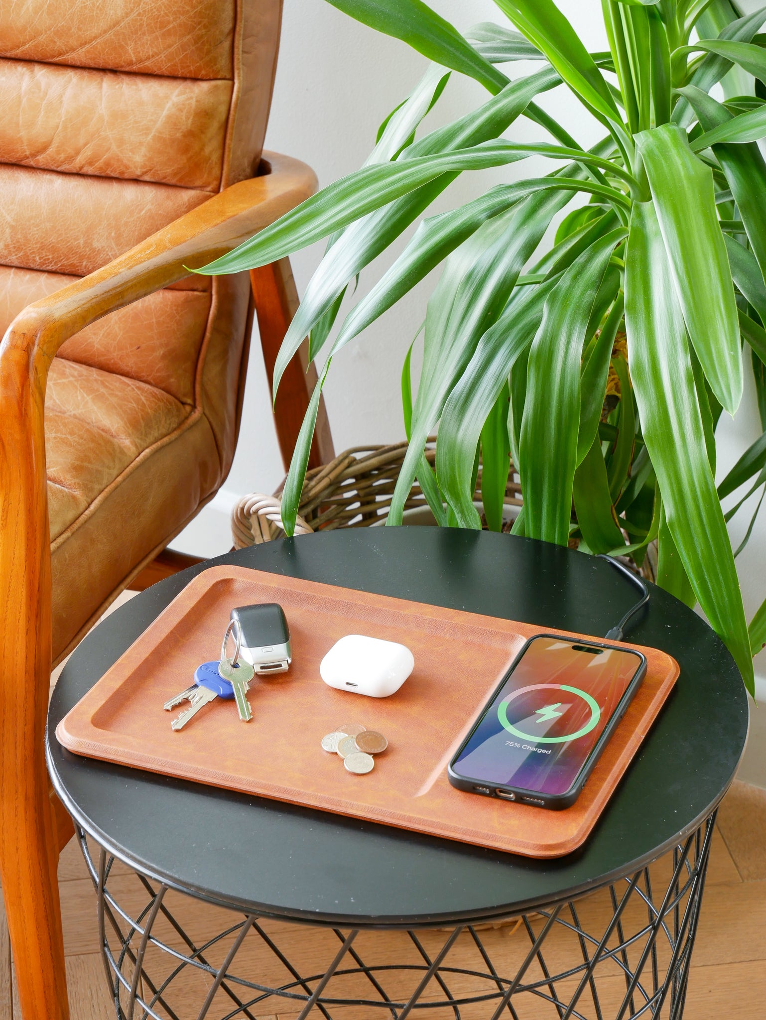 PU Leather Wireless Charging Vanity Tray Brown