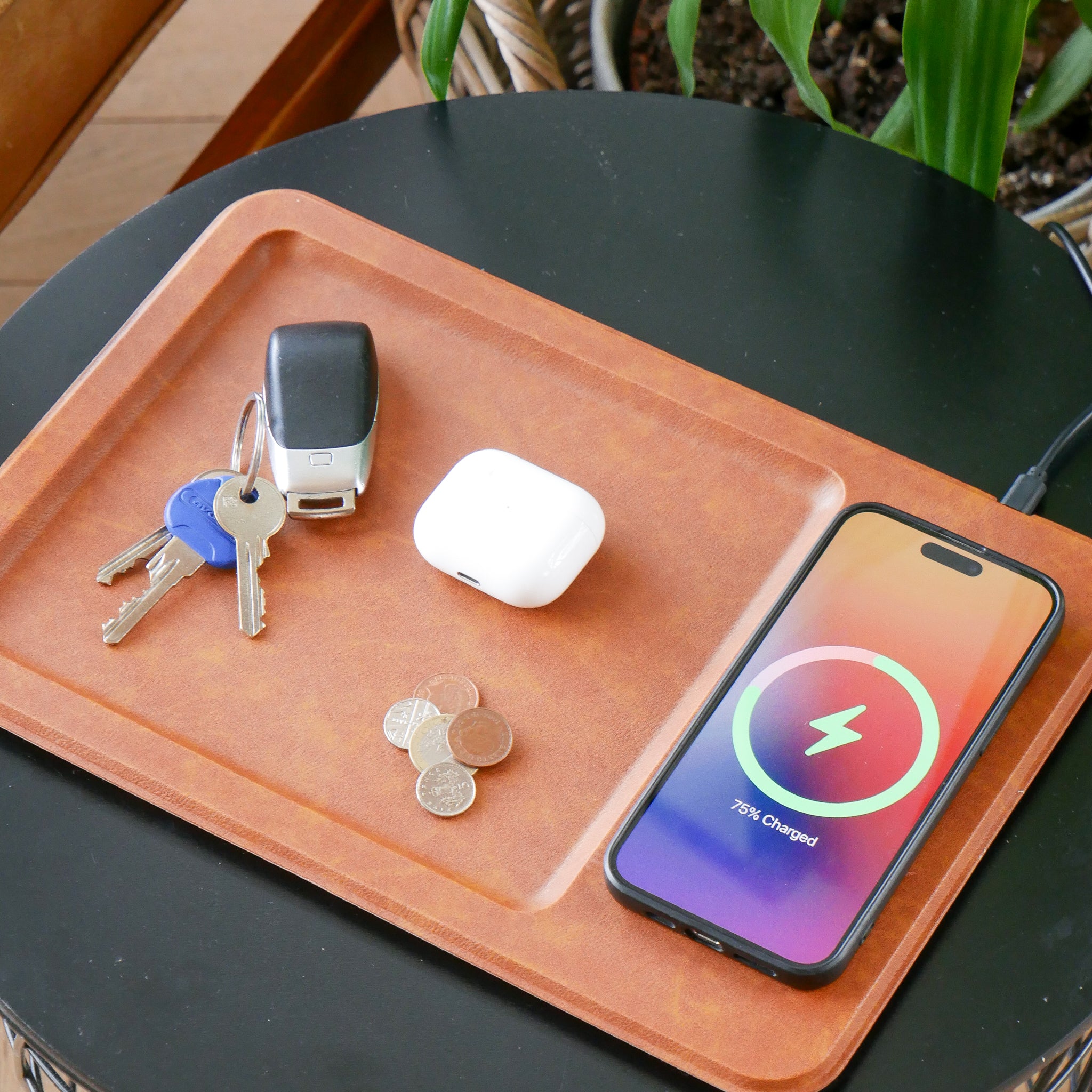 PU Leather Wireless Charging Vanity Tray Brown