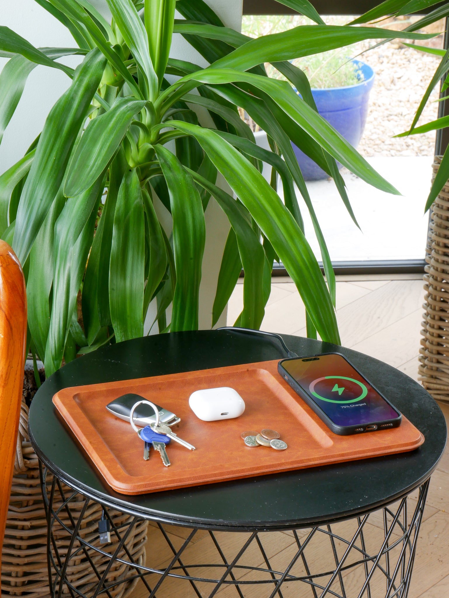 PU Leather Wireless Charging Vanity Tray Brown