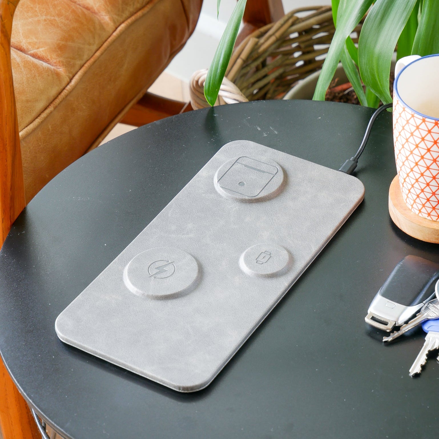 3 in 1 Wireless Charging Pad PU Leather Grey