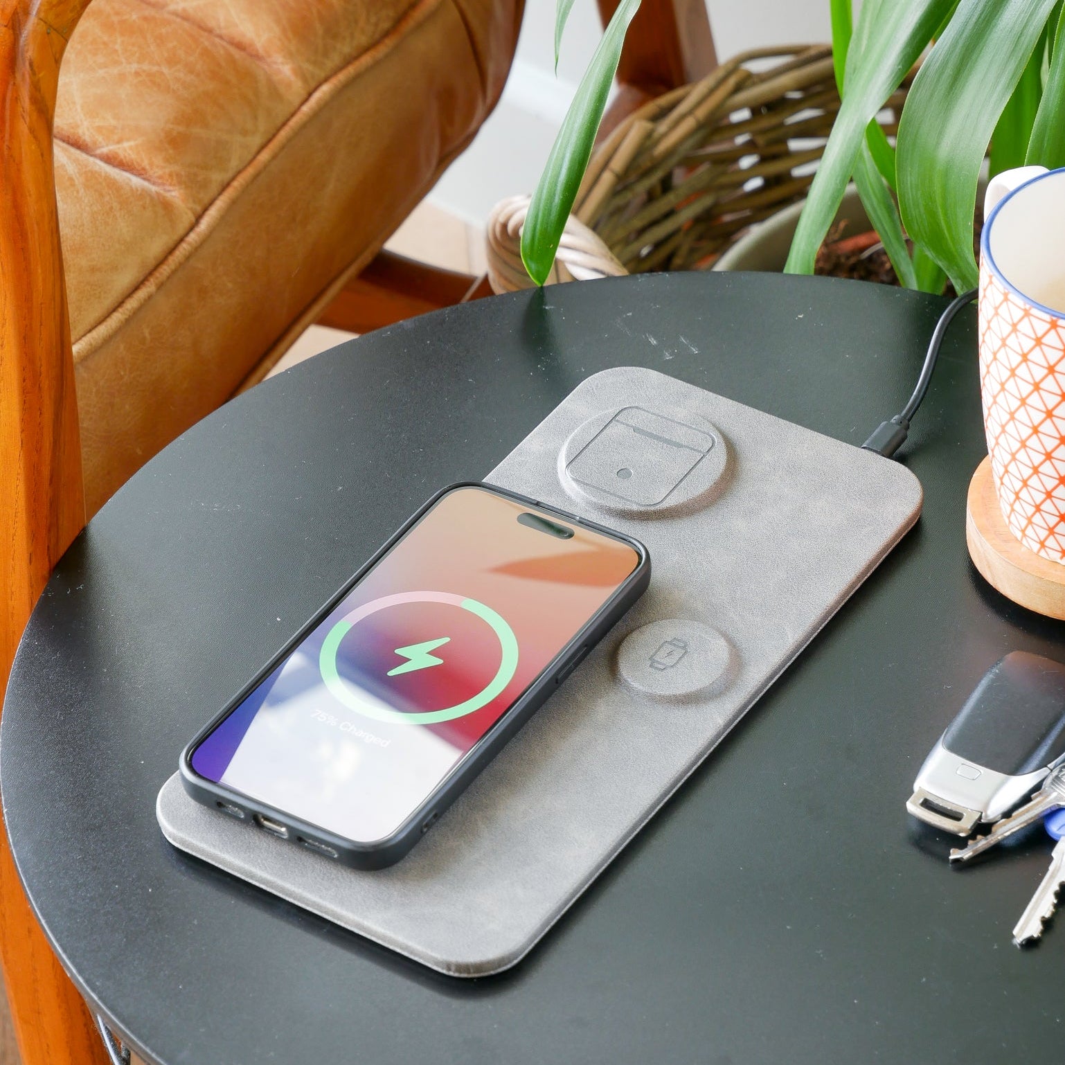 3 in 1 Wireless Charging Pad PU Leather Grey