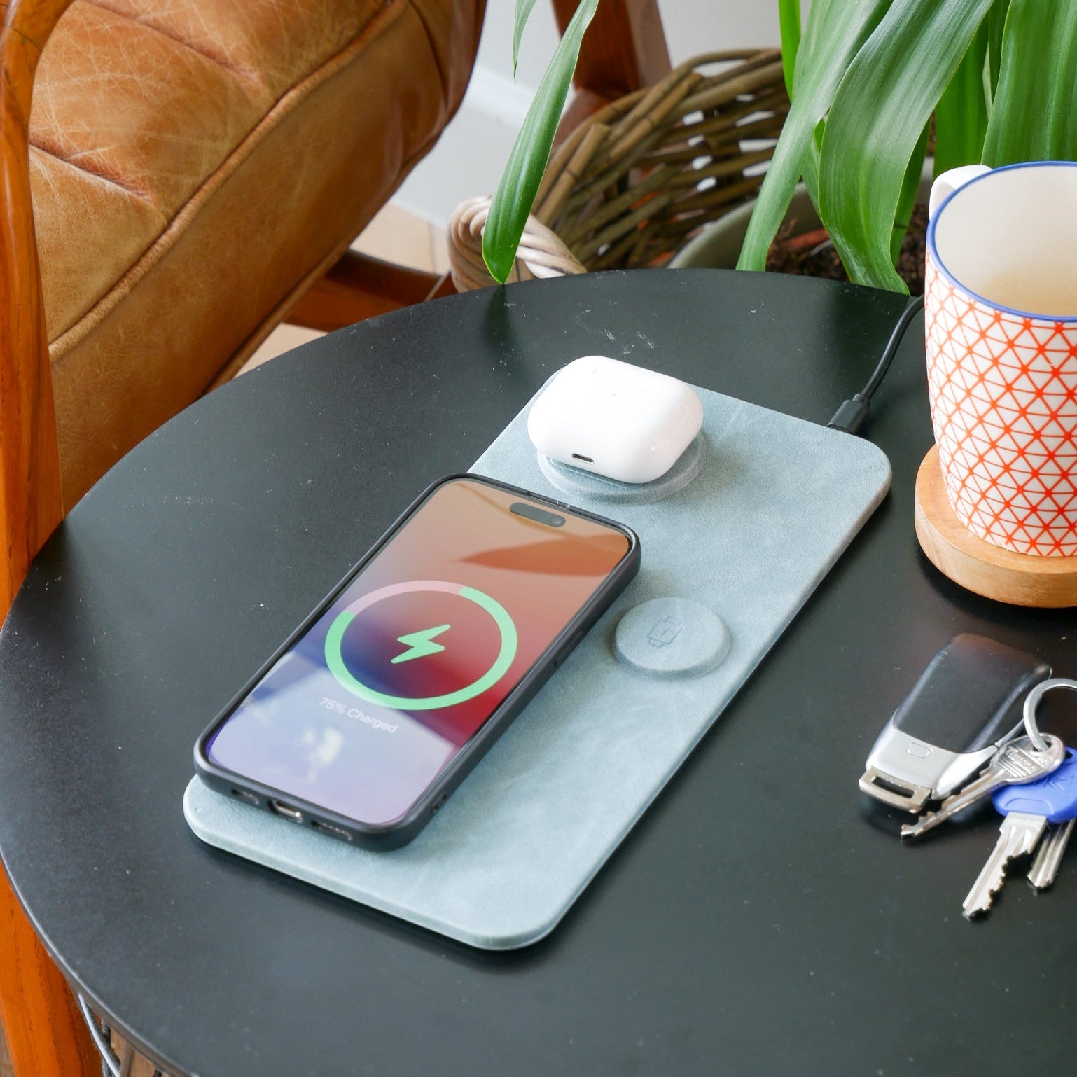 3 in 1 Wireless Charging Pad PU Leather Blue