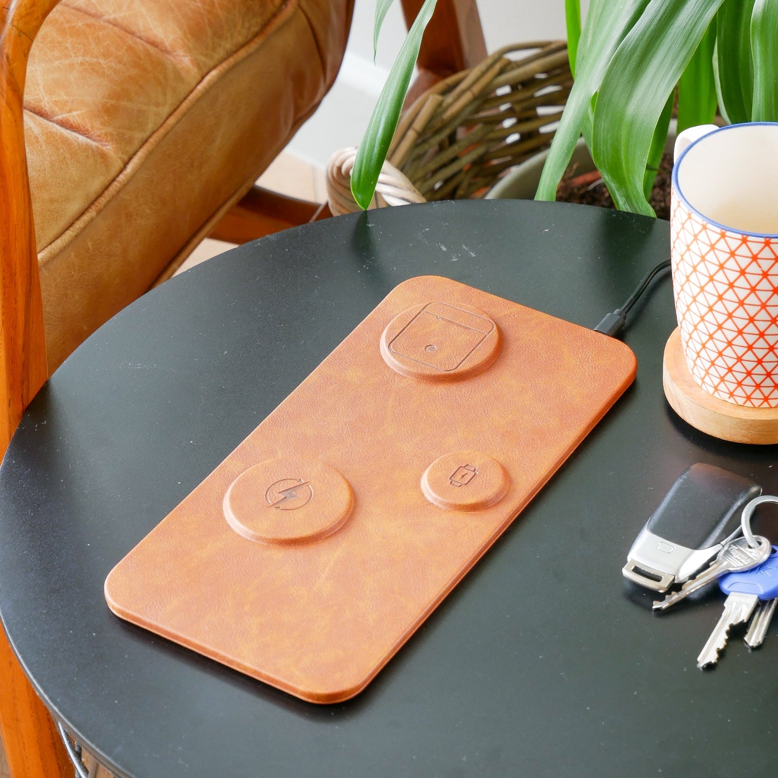 3 in 1 Wireless Charging Pad PU Leather Brown