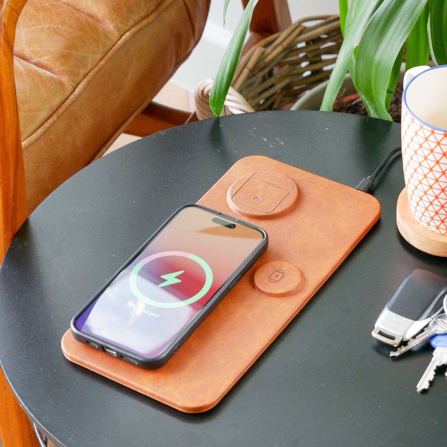 3 in 1 Wireless Charging Pad PU Leather Brown