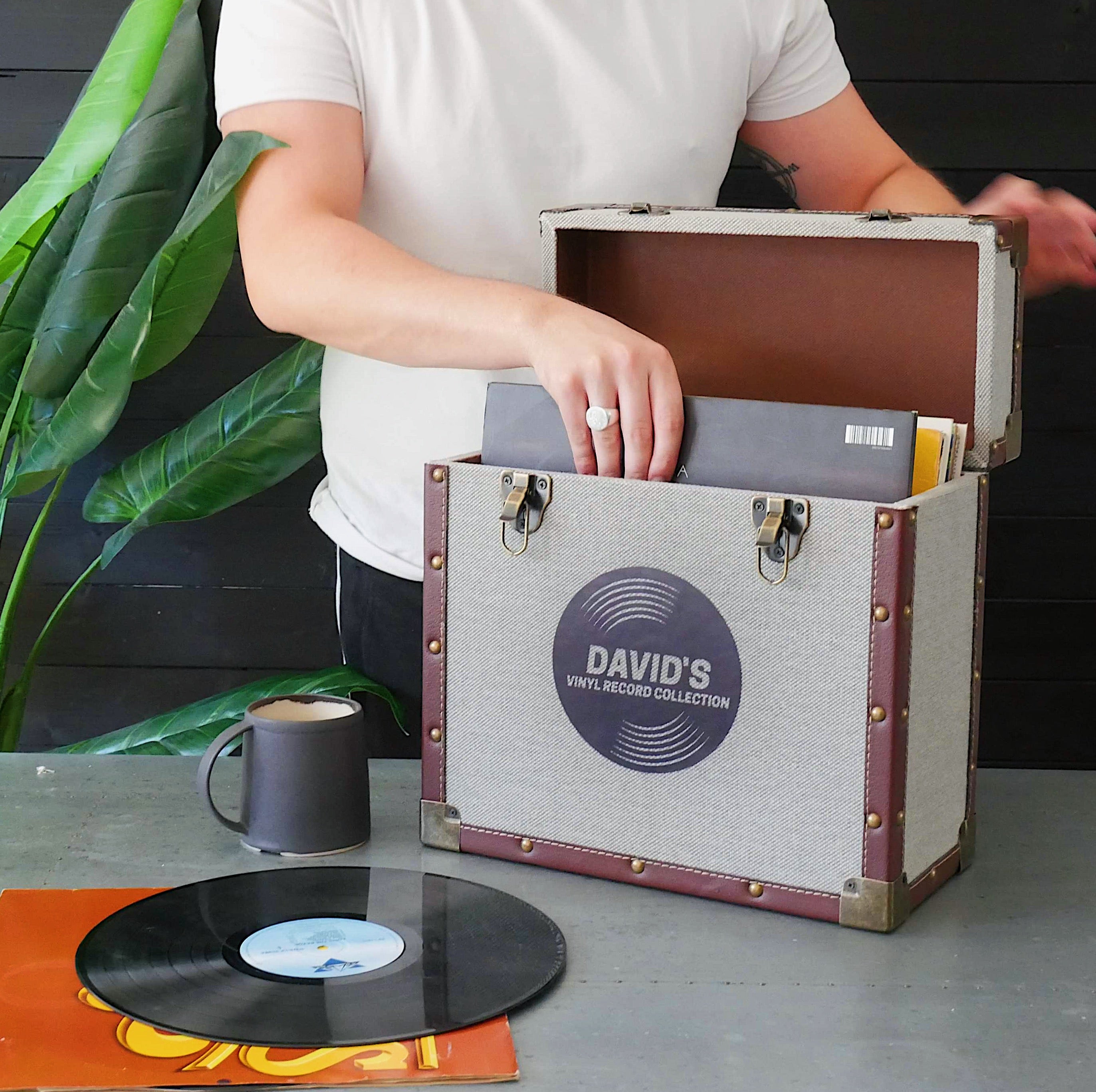 12 Inch Vinyl Record Storage Box Grey Fabric & Faux Leather Trim