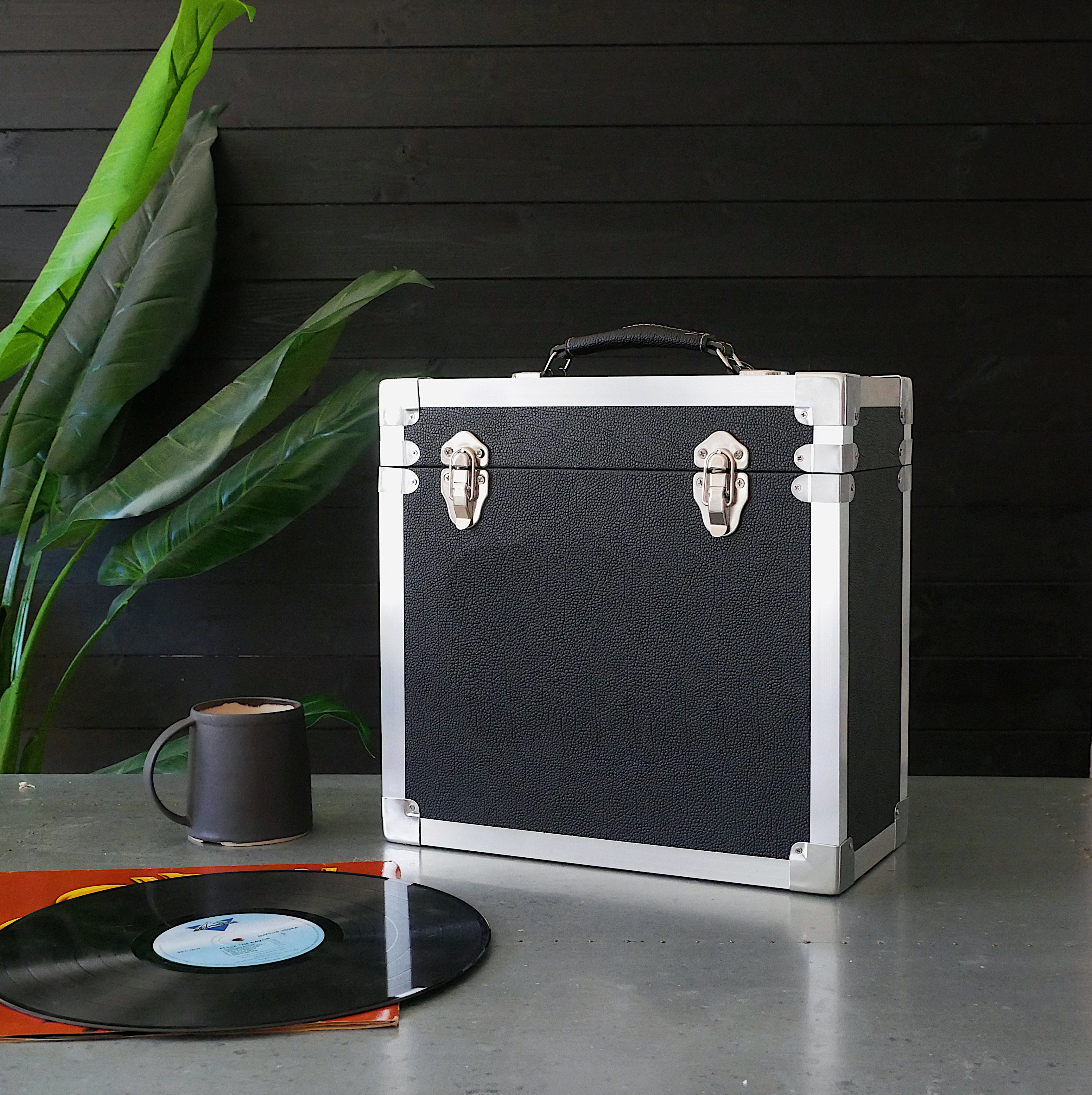 12 Inch Vinyl Record Storage Box Black & Metal Trim