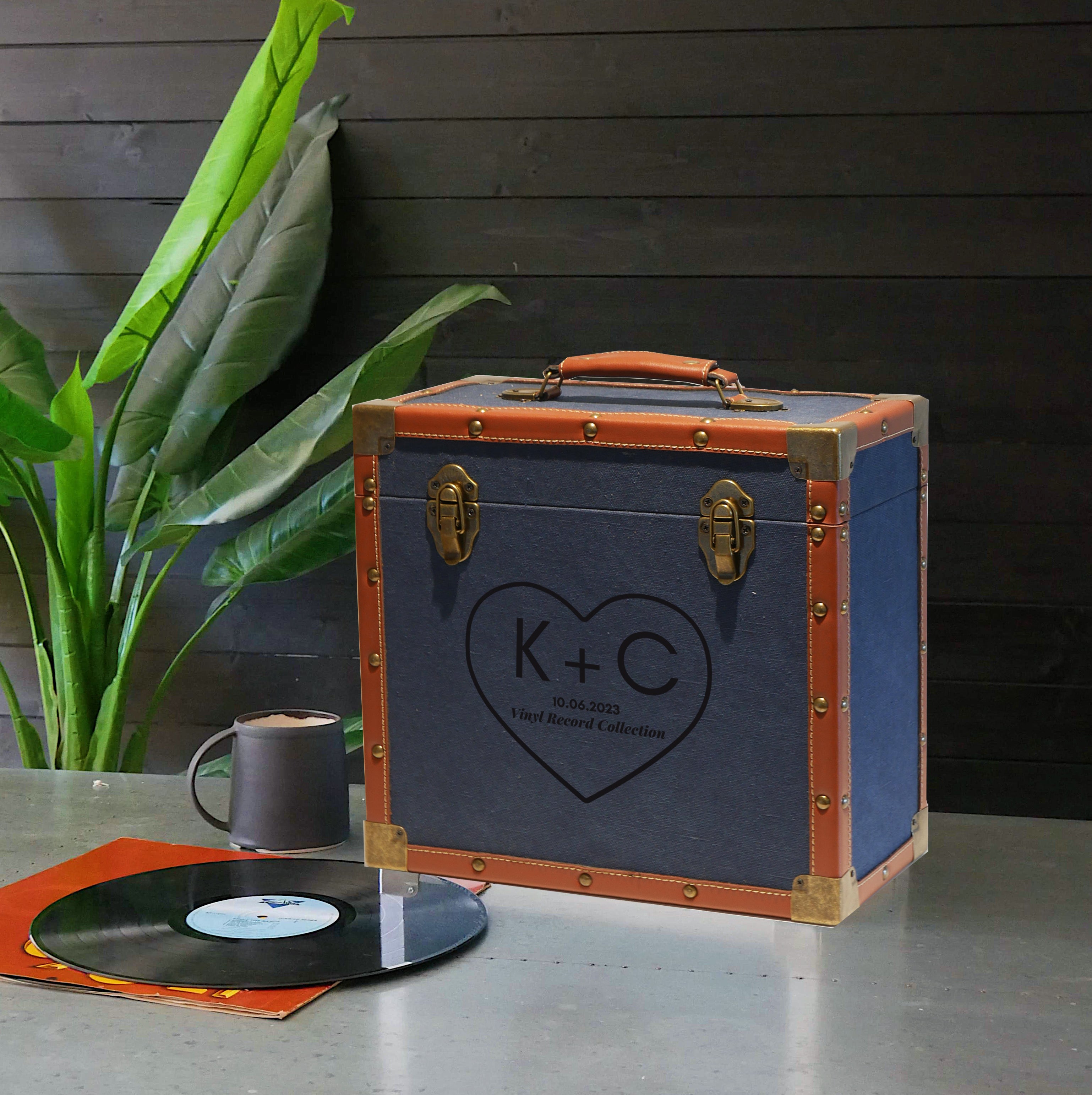 12 Inch Vinyl Record Storage Box Navy Fabric & Brown Faux Leather Trim