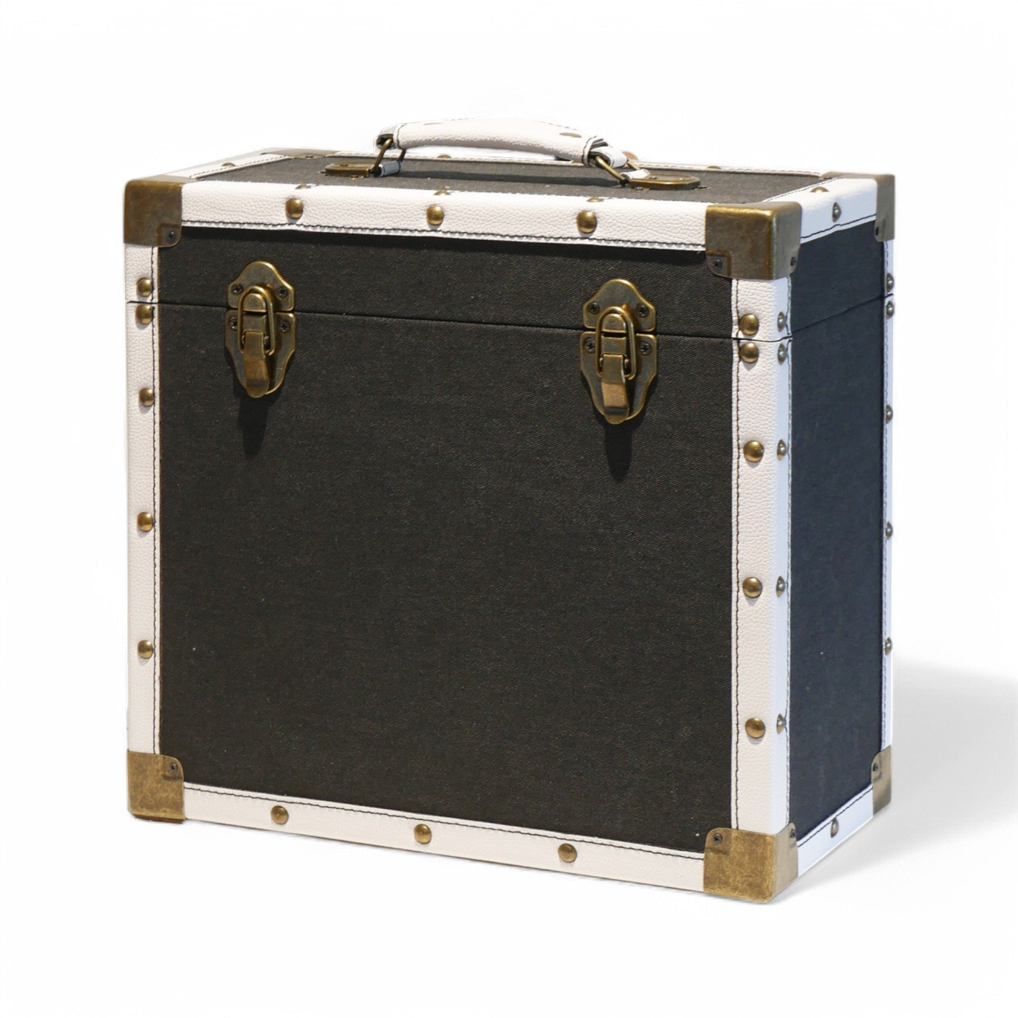 12 Inch Vinyl Record Storage Box Black Fabric & White Faux Leather Trim