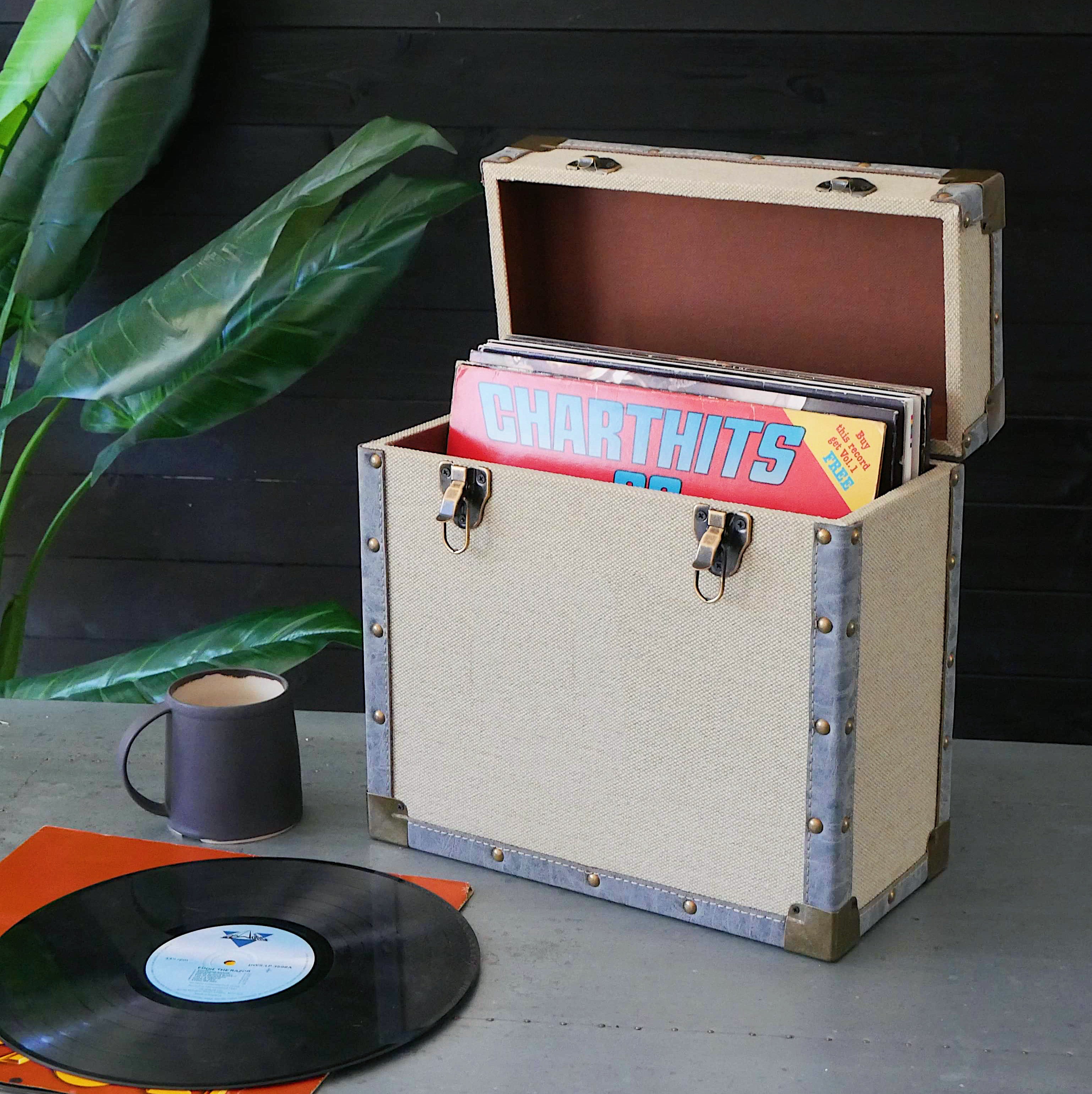 12 Inch Vinyl Record Storage Box Cream Fabric & Grey Faux Leather Trim