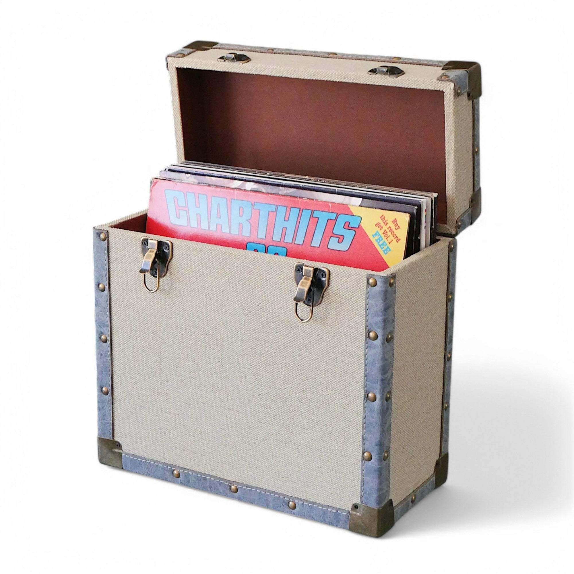 12 Inch Vinyl Record Storage Box Cream Fabric & Grey Faux Leather Trim