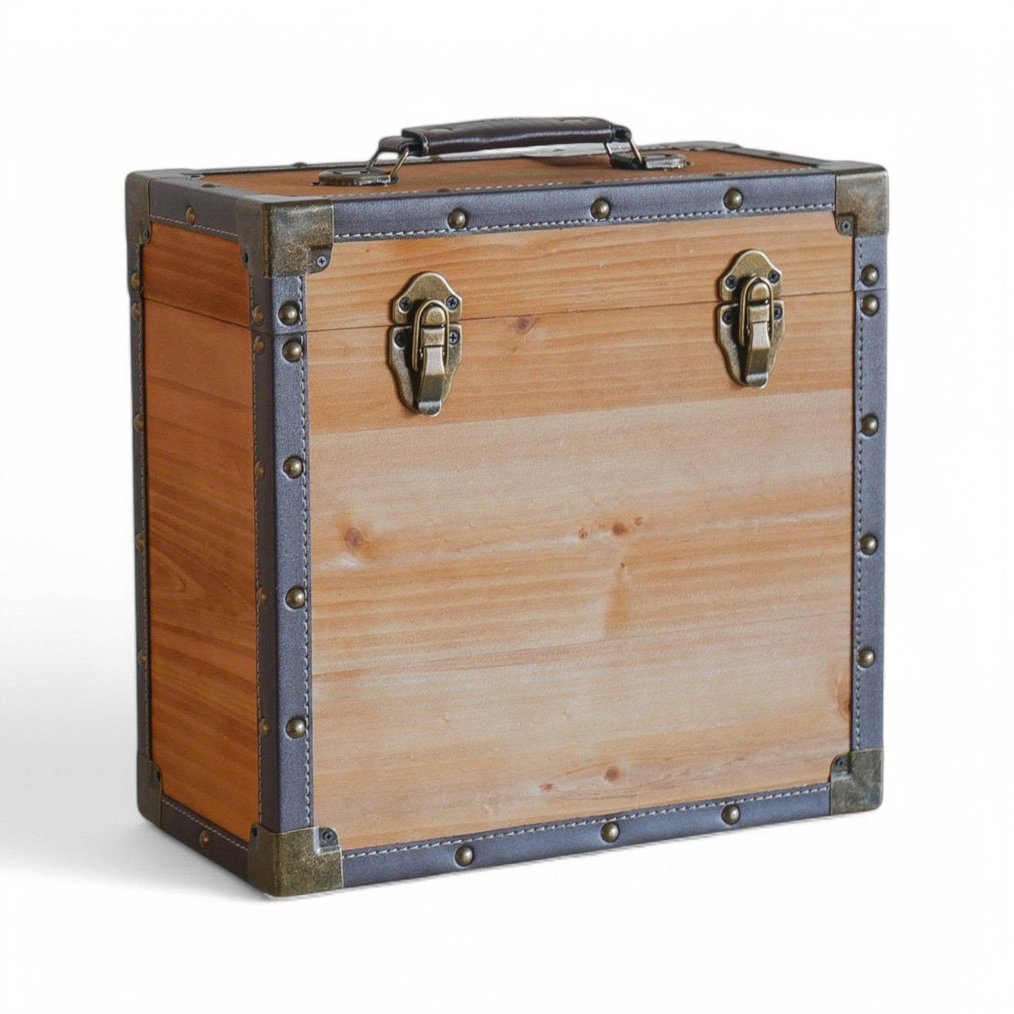 12 Inch Vinyl Record Storage Box Dark Wood & Brown Faux Leather Trim