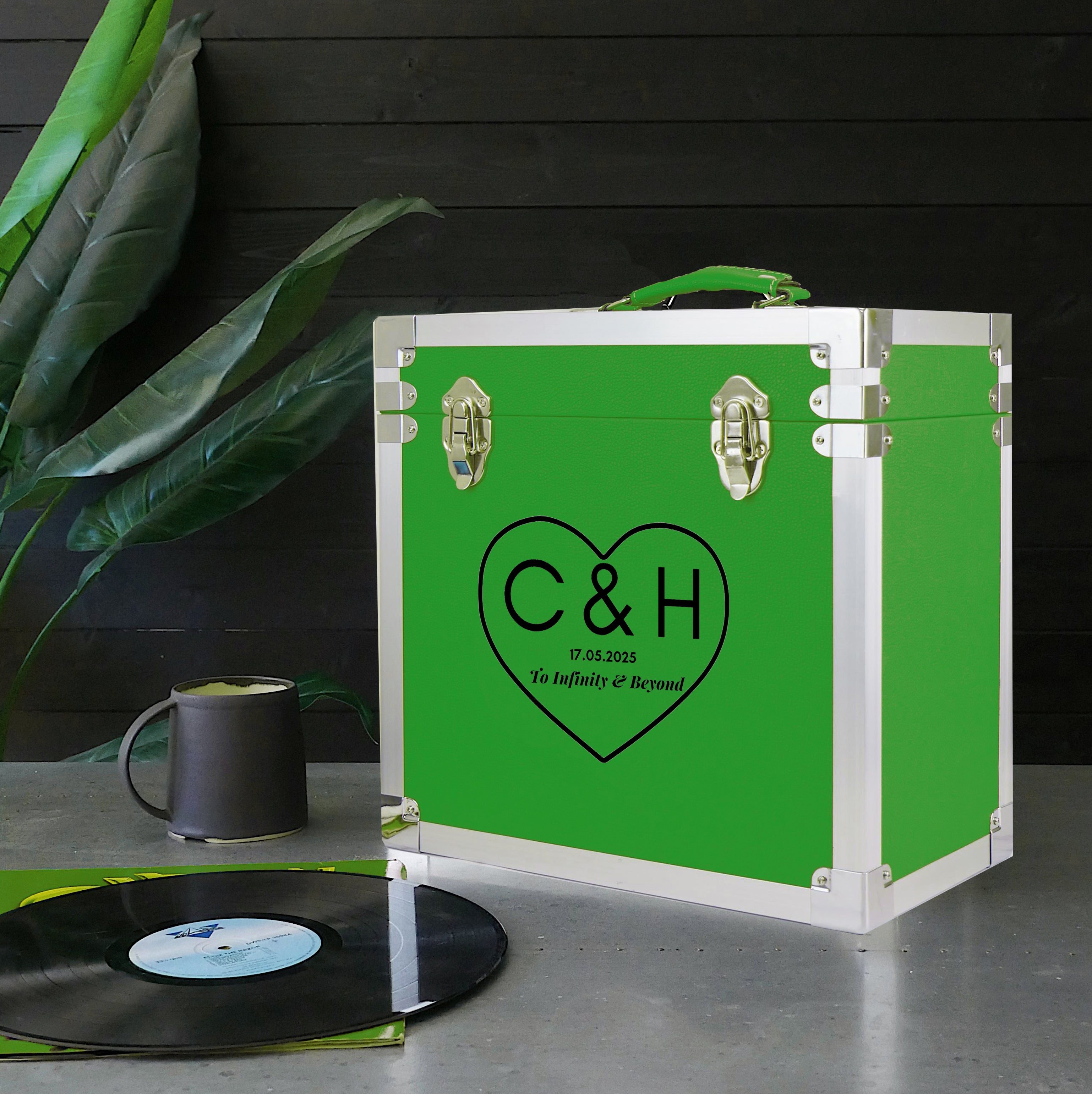 12 Inch Vinyl Record Storage Box Green & Metal Trim