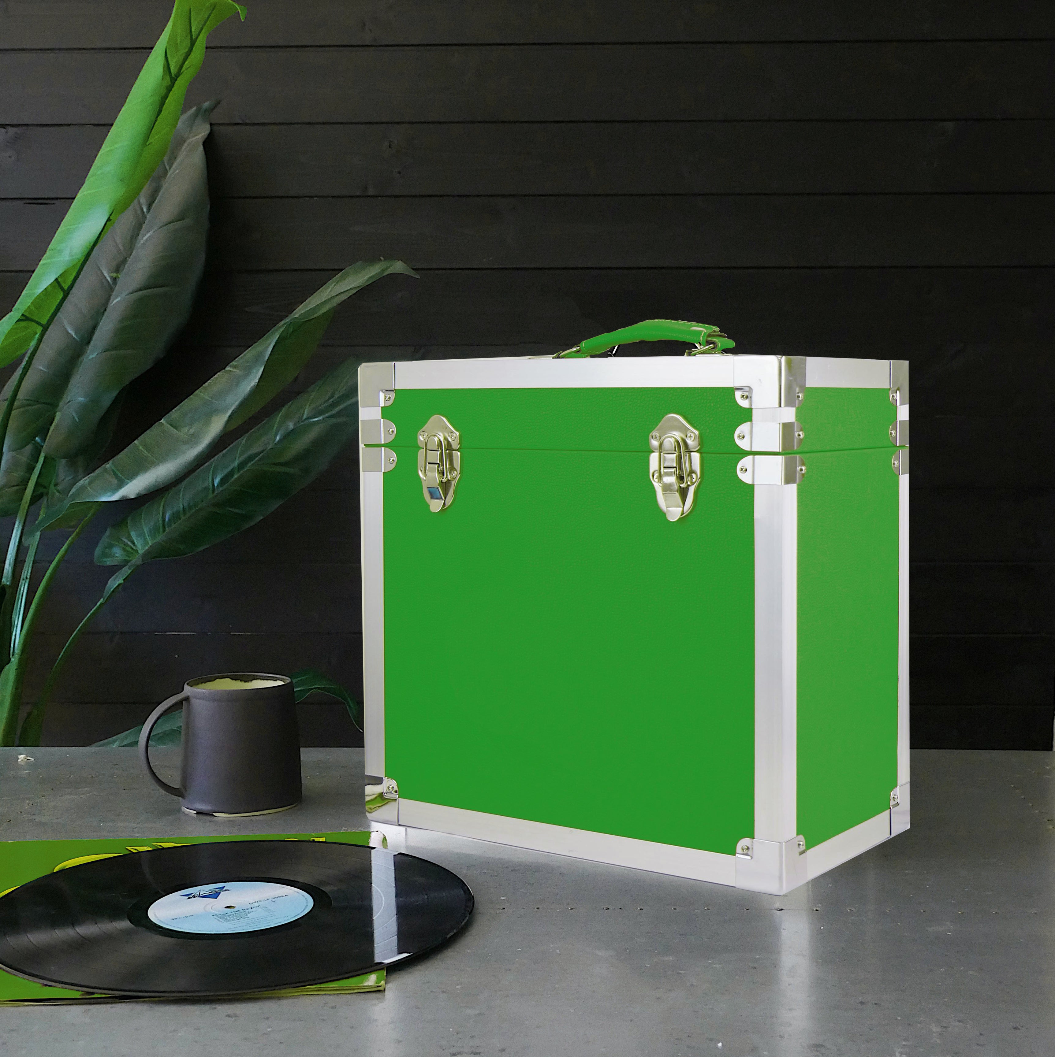 12 Inch Vinyl Record Storage Box Green & Metal Trim