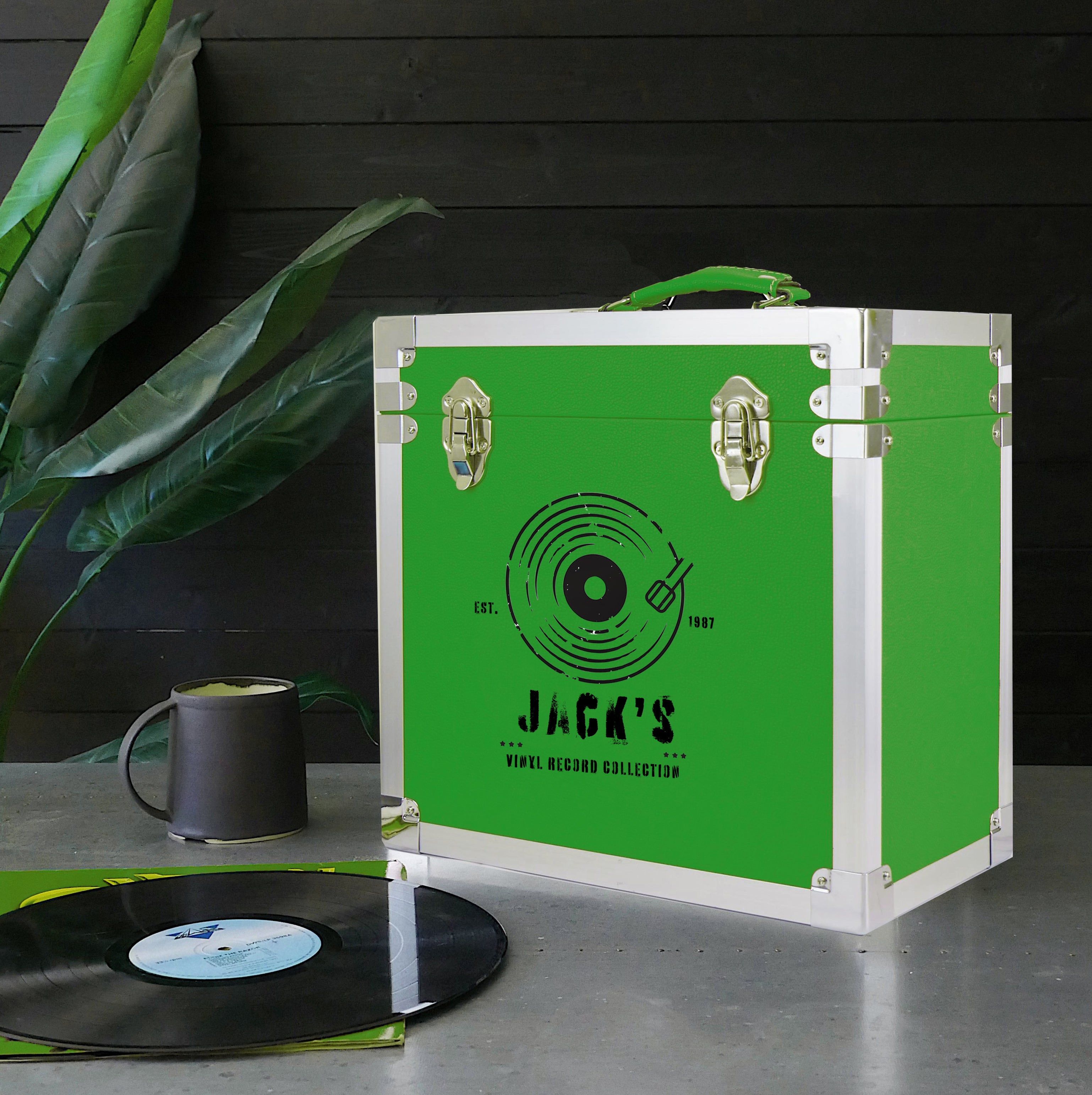 12 Inch Vinyl Record Storage Box Green & Metal Trim
