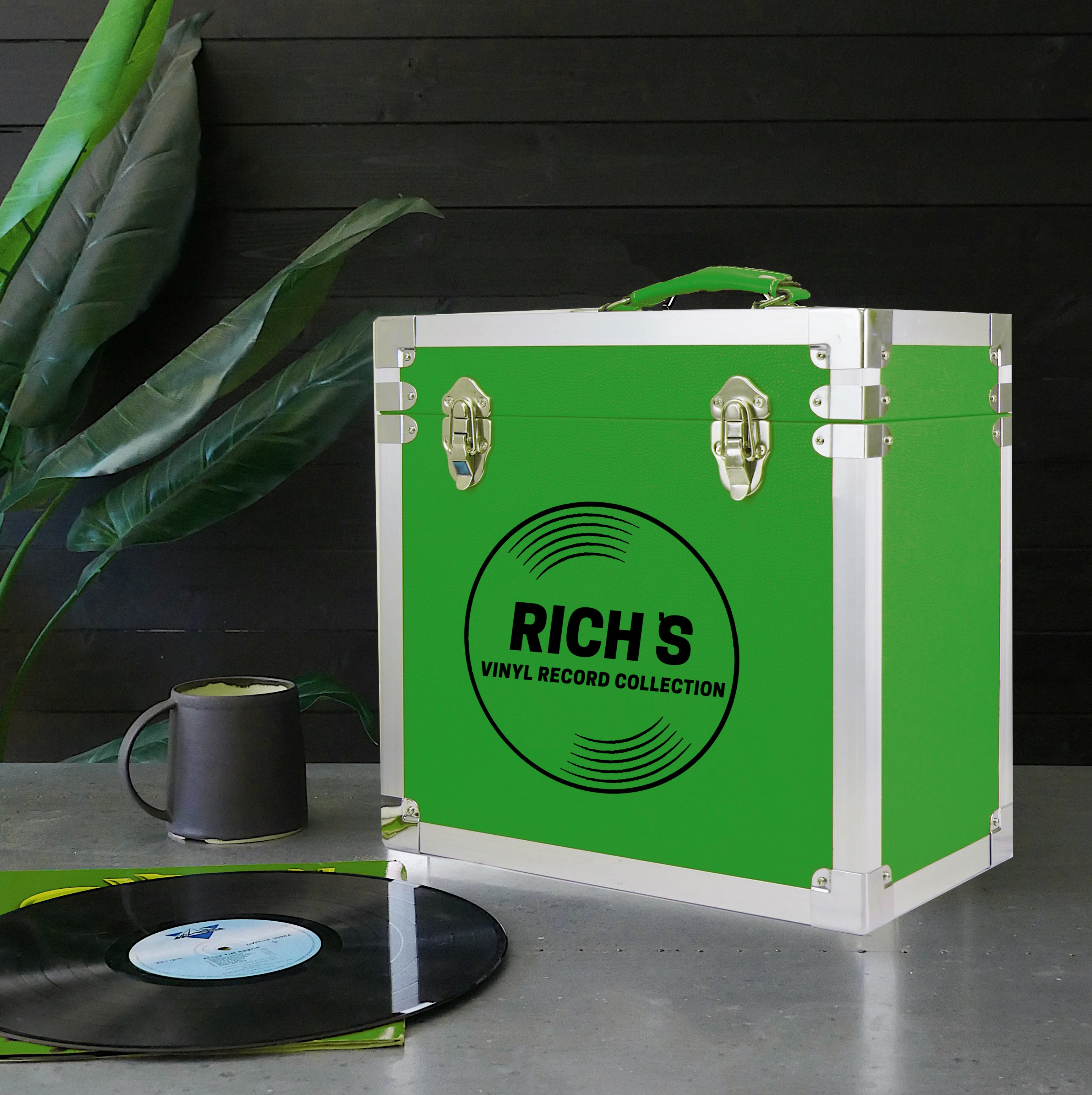 12 Inch Vinyl Record Storage Box Green & Metal Trim
