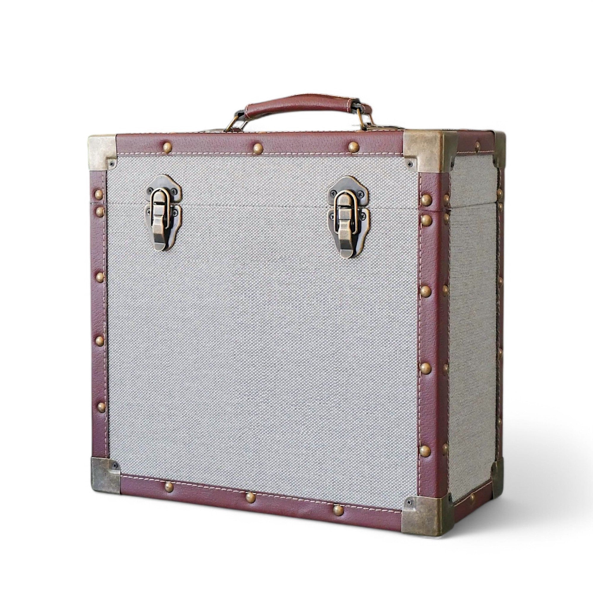 12 Inch Vinyl Record Storage Box Grey Fabric & Faux Leather Trim