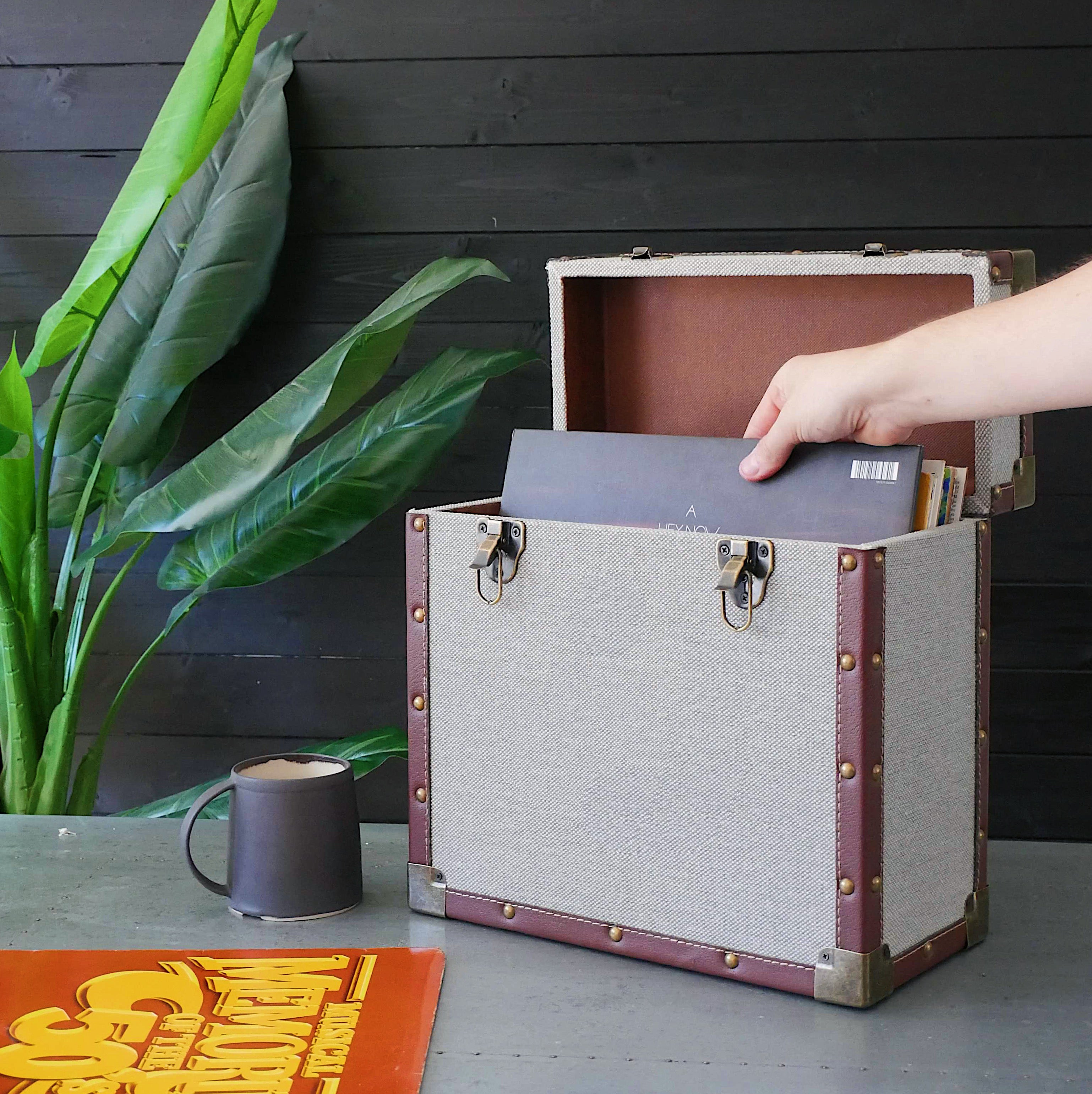 12 Inch Vinyl Record Storage Box Grey Fabric & Faux Leather Trim