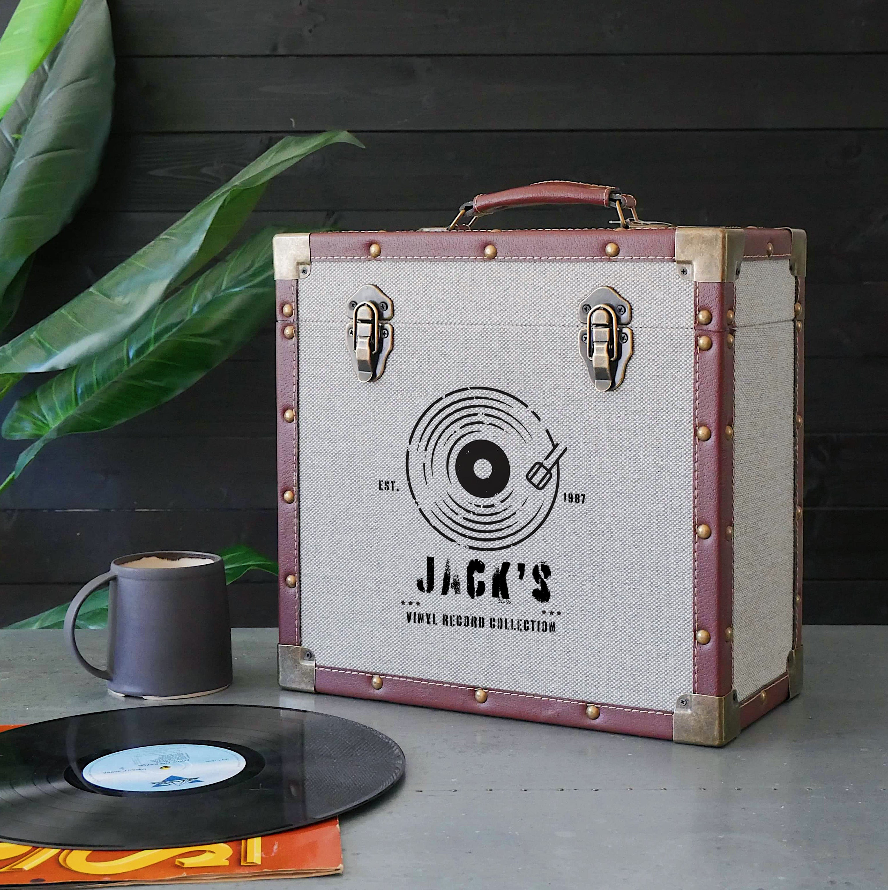 12 Inch Vinyl Record Storage Box Grey Fabric & Faux Leather Trim