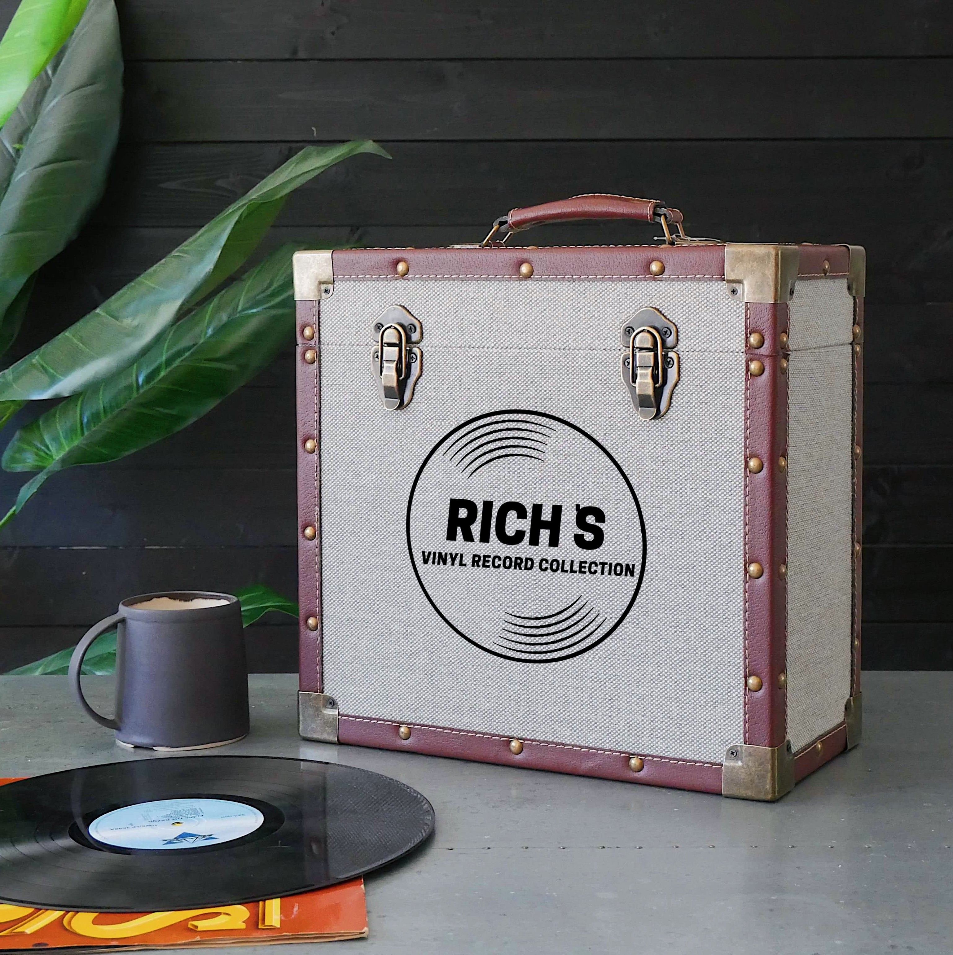 12 Inch Vinyl Record Storage Box Grey Fabric & Faux Leather Trim