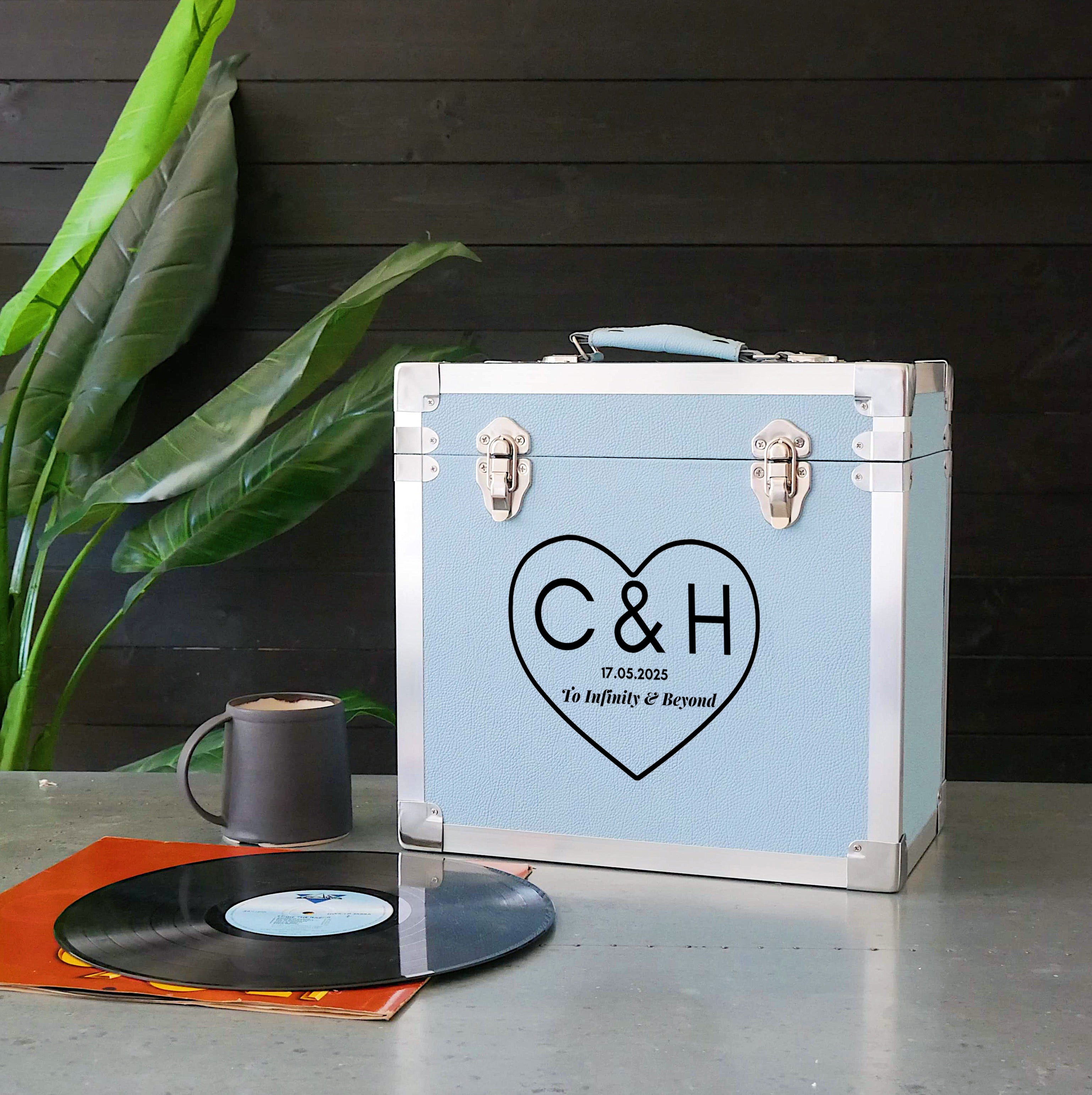 12 Inch Vinyl Record Storage Box Light Blue & Metal Trim