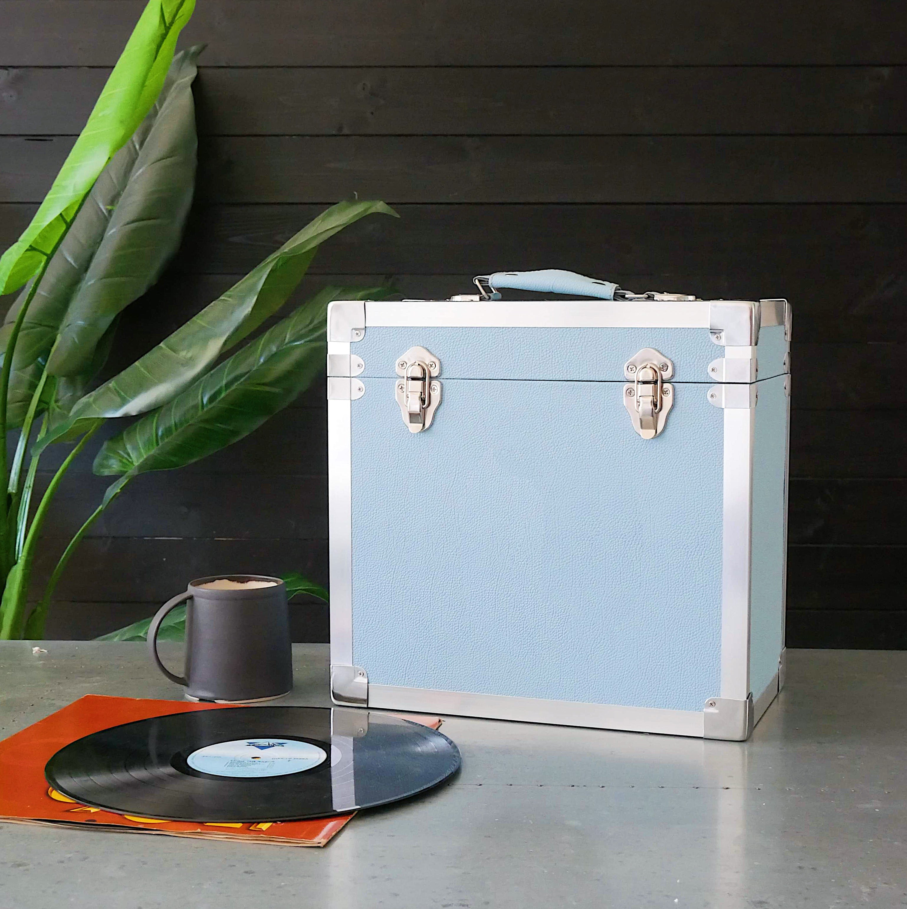 12 Inch Vinyl Record Storage Box Light Blue & Metal Trim