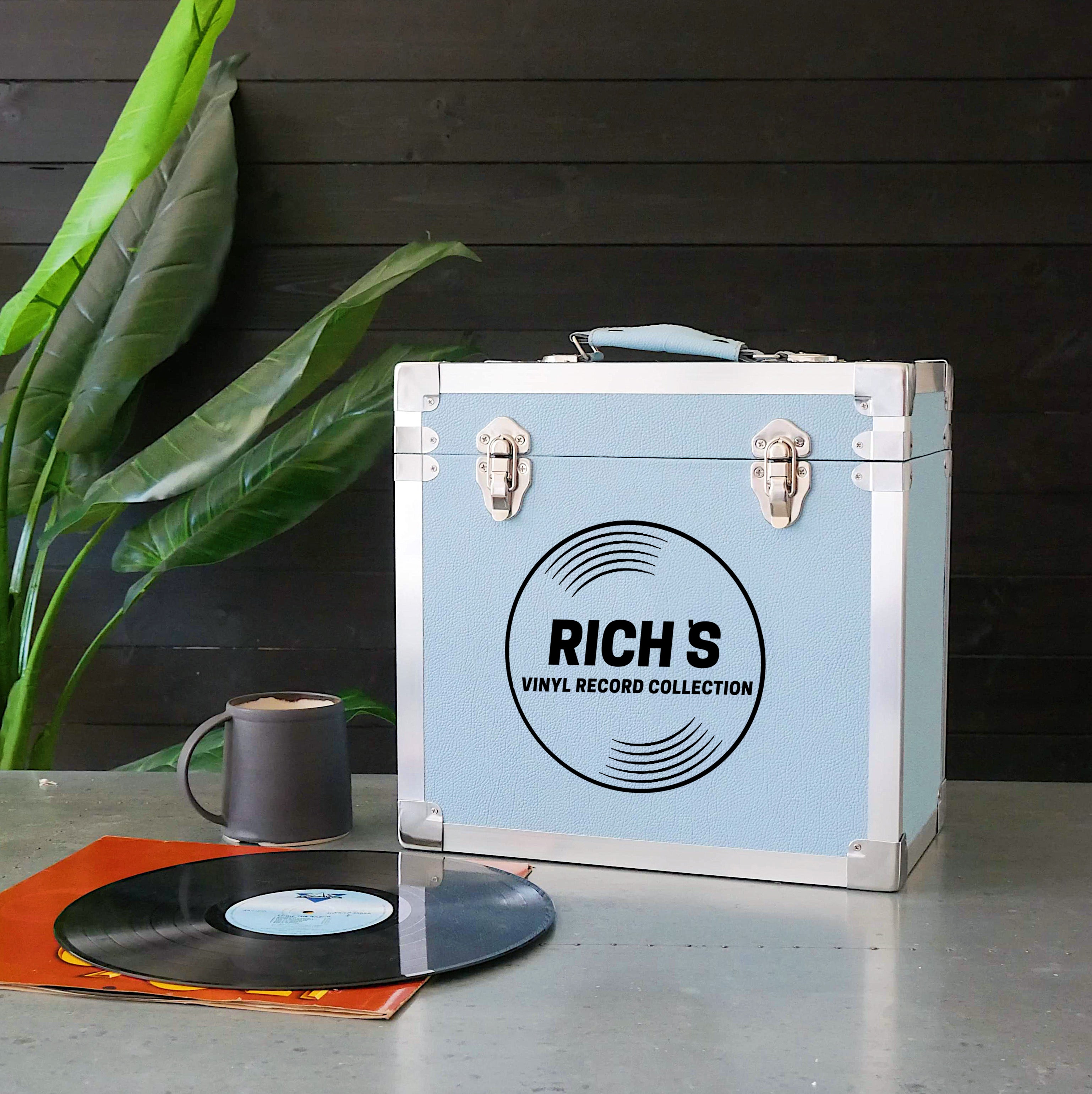 12 Inch Vinyl Record Storage Box Light Blue & Metal Trim