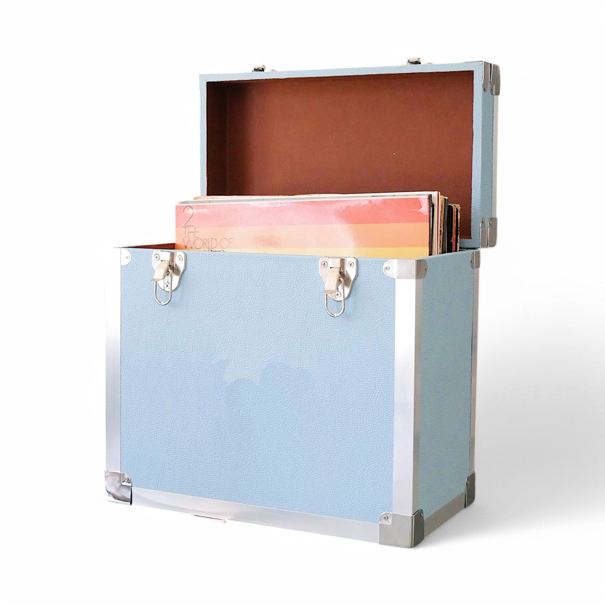 12 Inch Vinyl Record Storage Box Light Blue & Metal Trim
