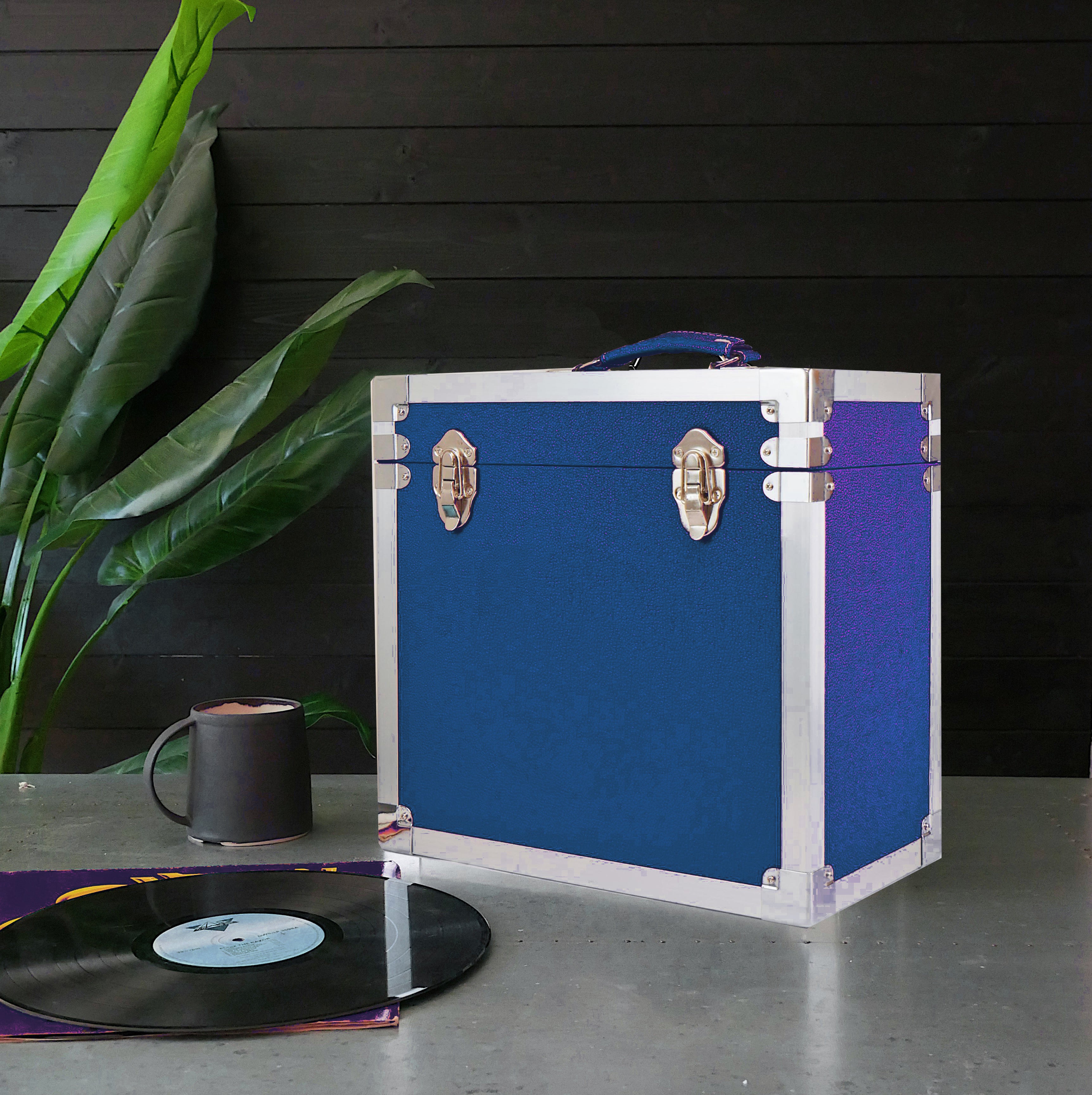 12 Inch Vinyl Record Storage Box Navy Blue & Metal Trim