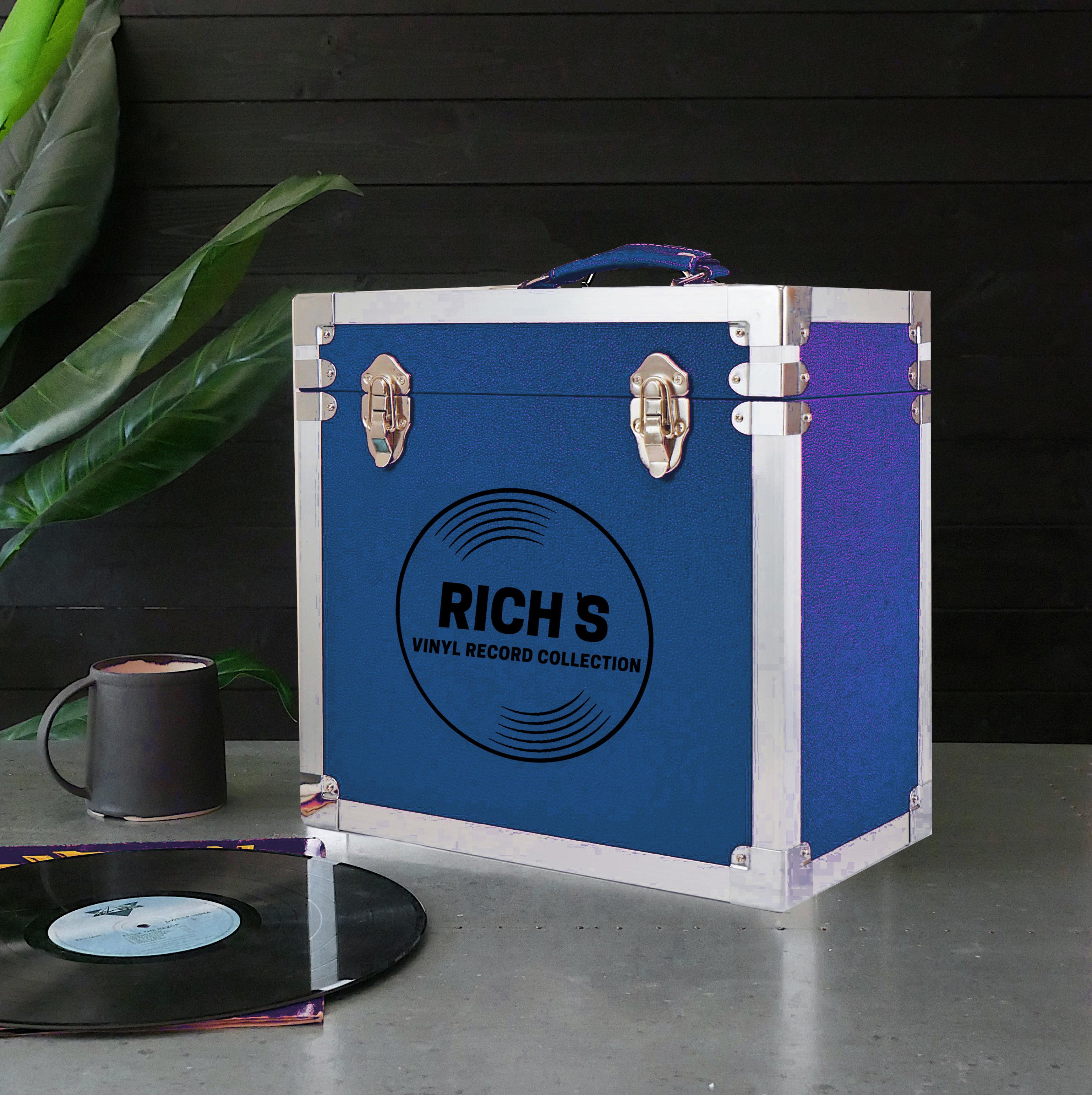 12 Inch Vinyl Record Storage Box Navy Blue & Metal Trim