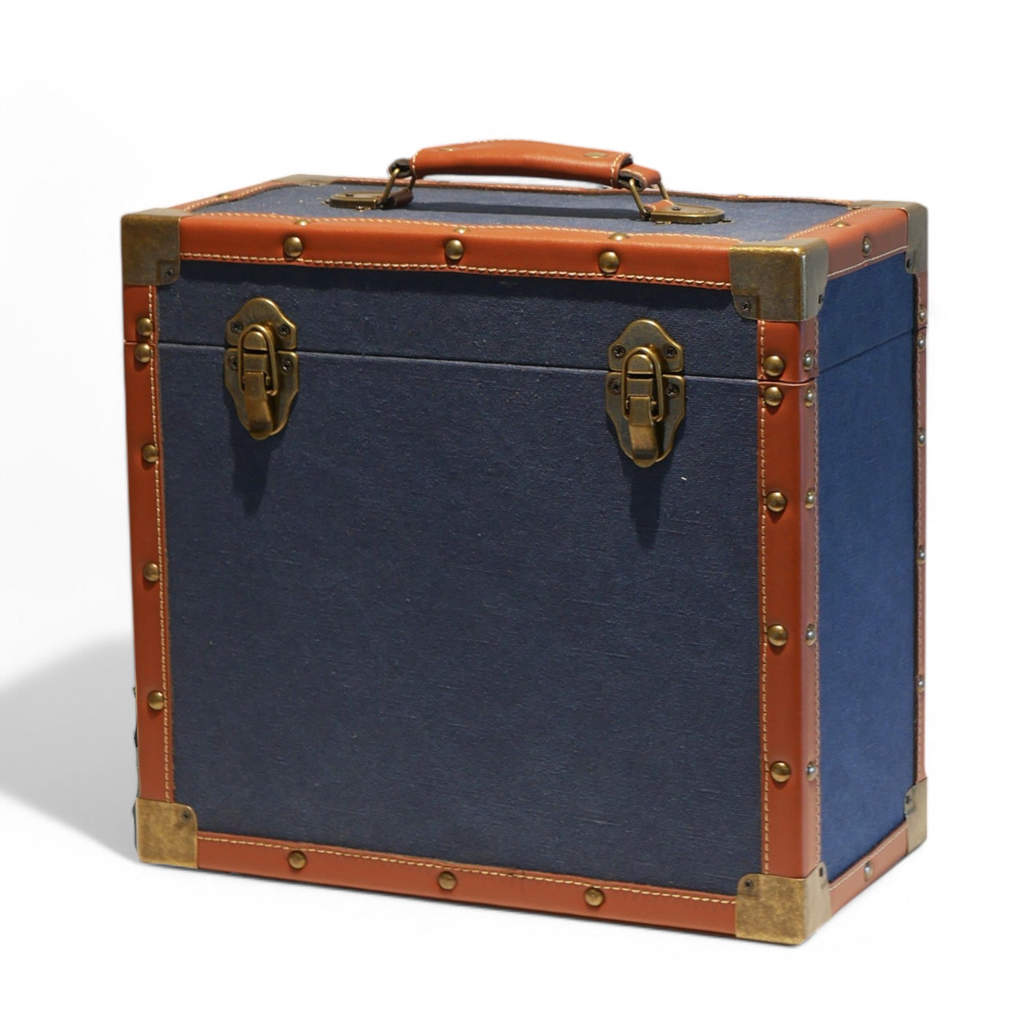 12 Inch Vinyl Record Storage Box Navy Fabric & Brown Faux Leather Trim