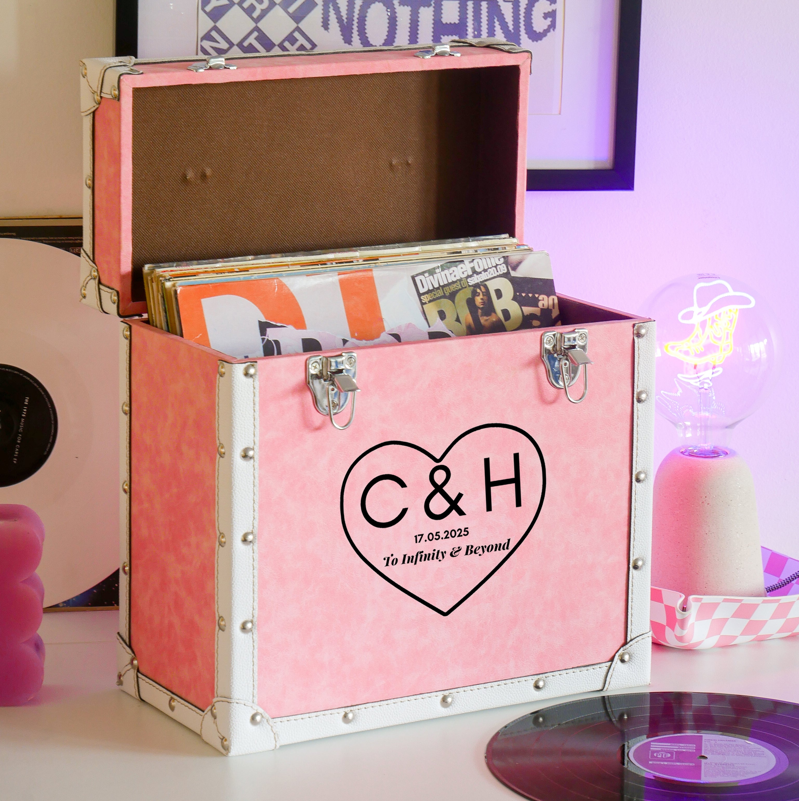12 Inch Vinyl Record Storage Box Pink & White Faux Leather