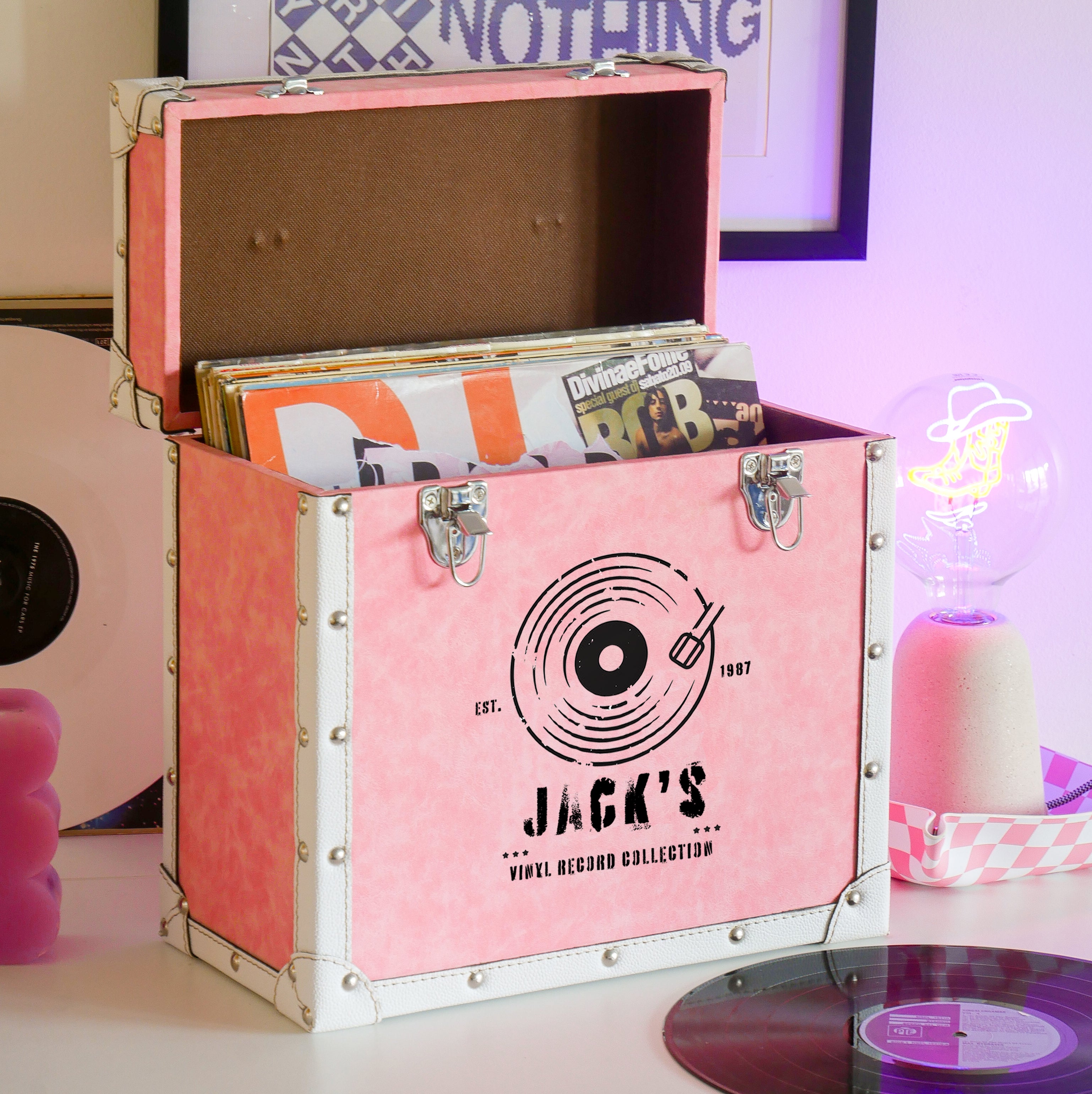 12 Inch Vinyl Record Storage Box Pink & White Faux Leather