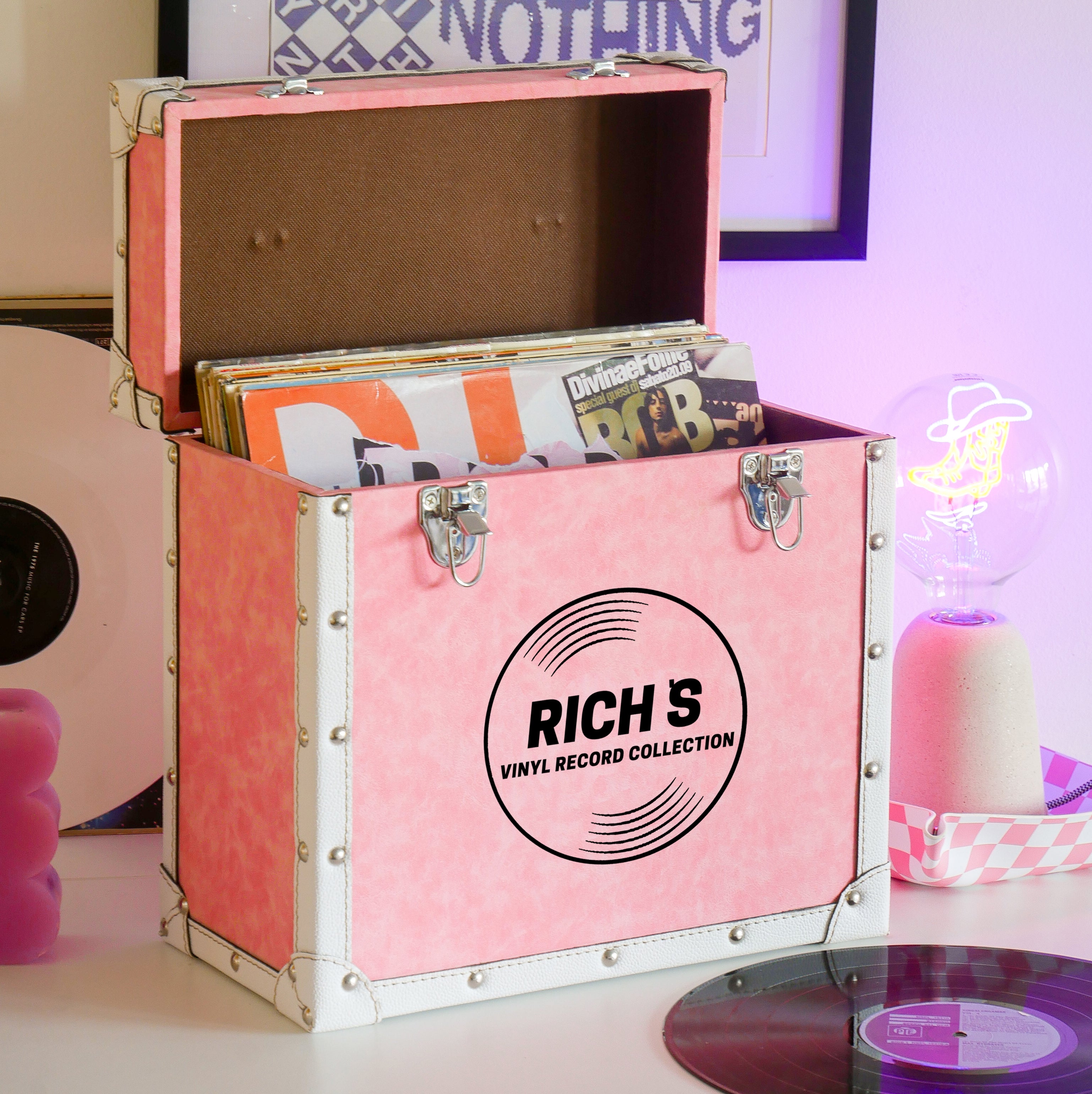 12 Inch Vinyl Record Storage Box Pink & White Faux Leather
