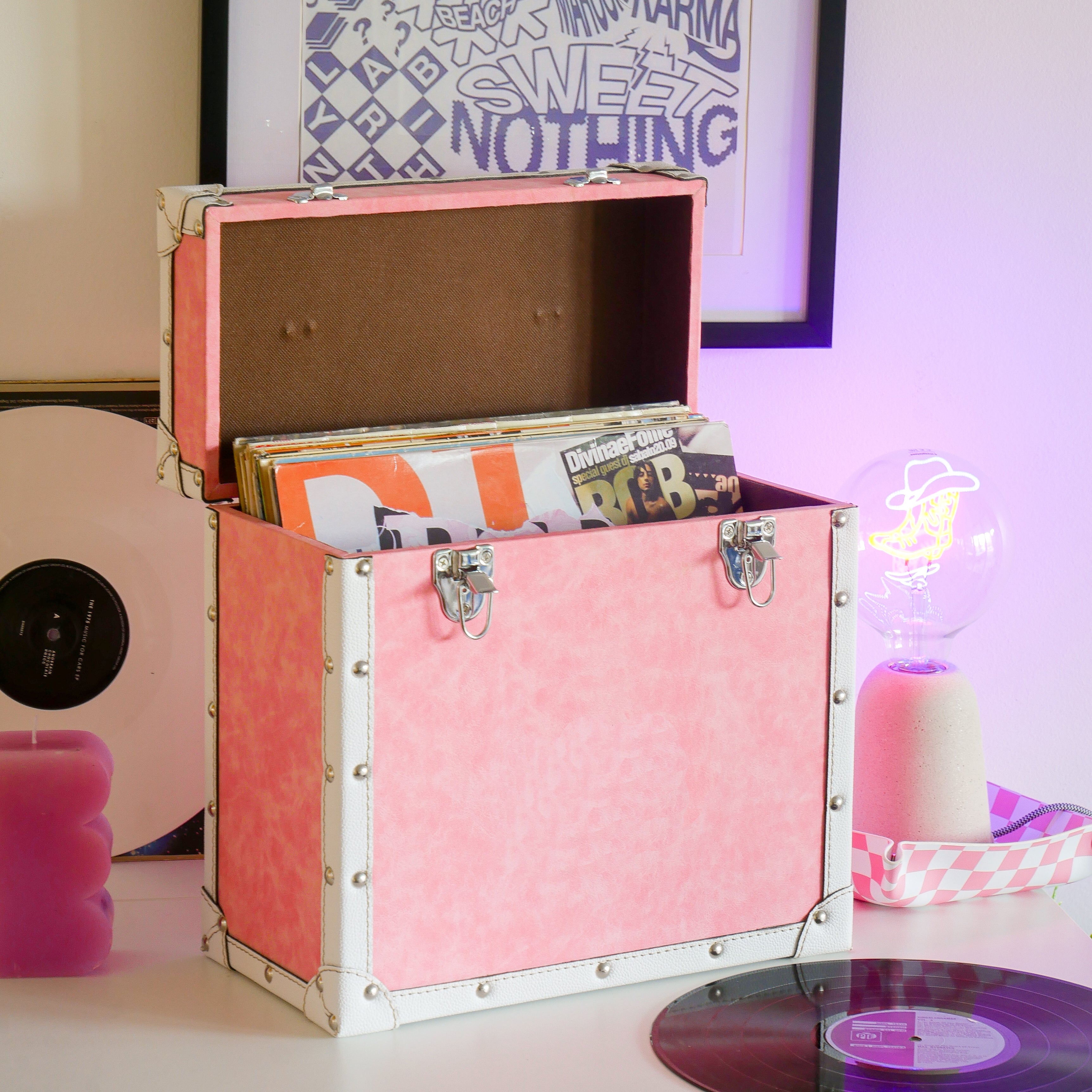 12 Inch Vinyl Record Storage Box Pink & White Faux Leather