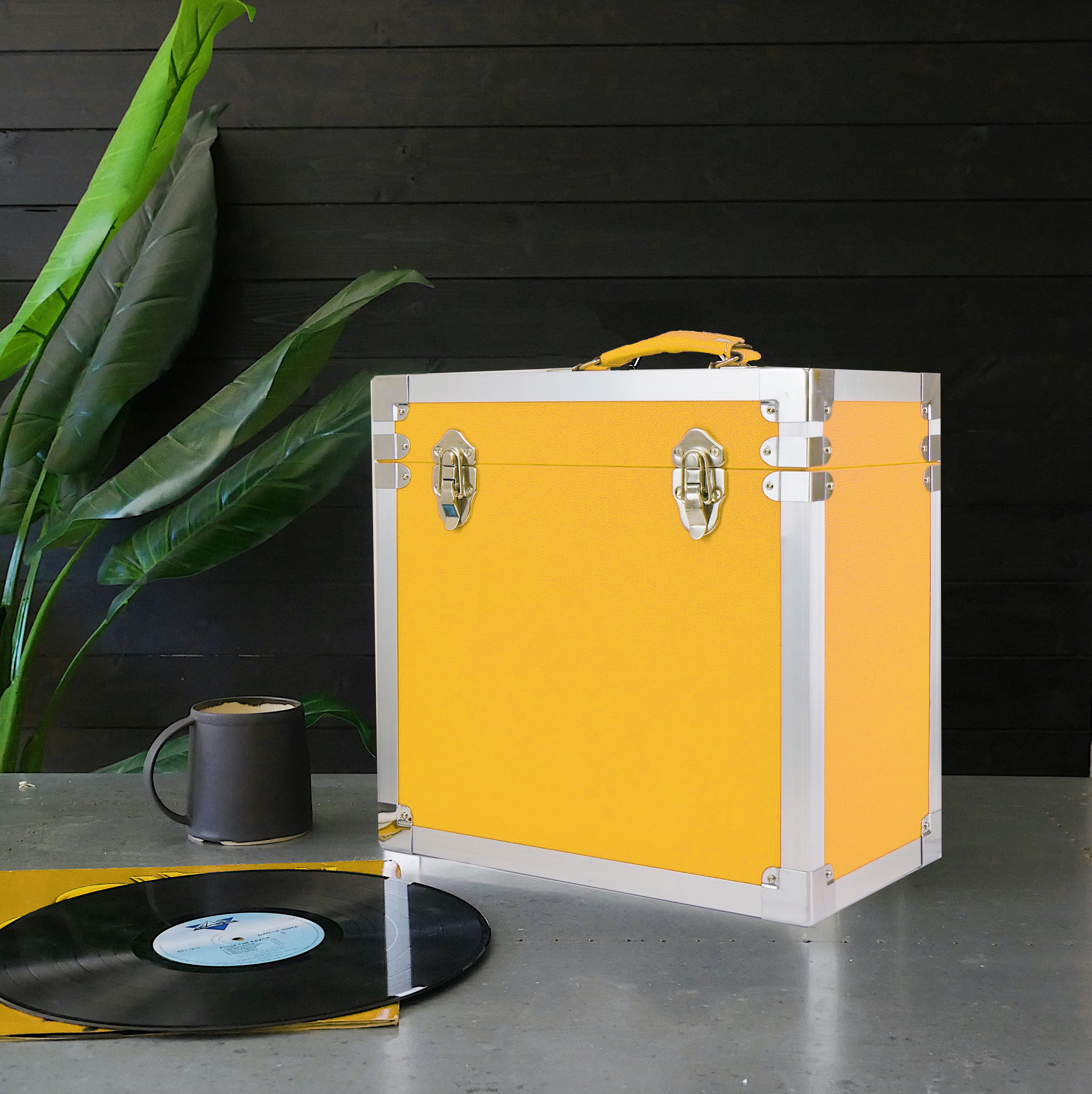 12 Inch Vinyl Record Storage Box Yellow & Metal Trim