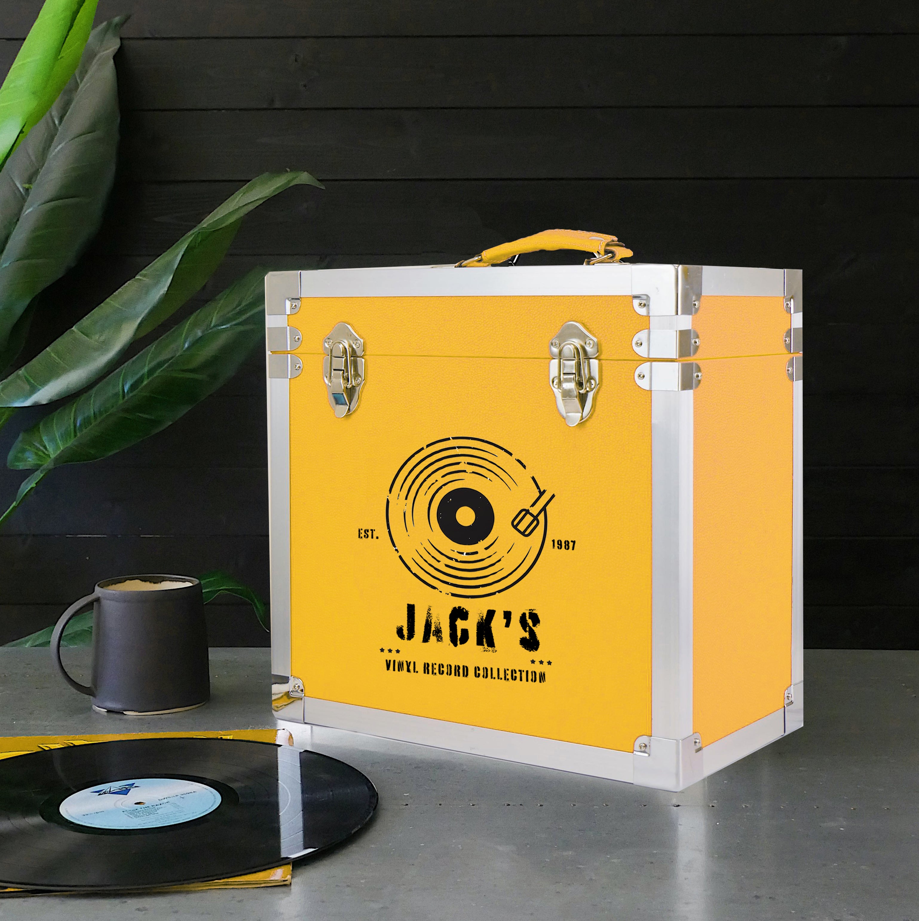 12 Inch Vinyl Record Storage Box Yellow & Metal Trim