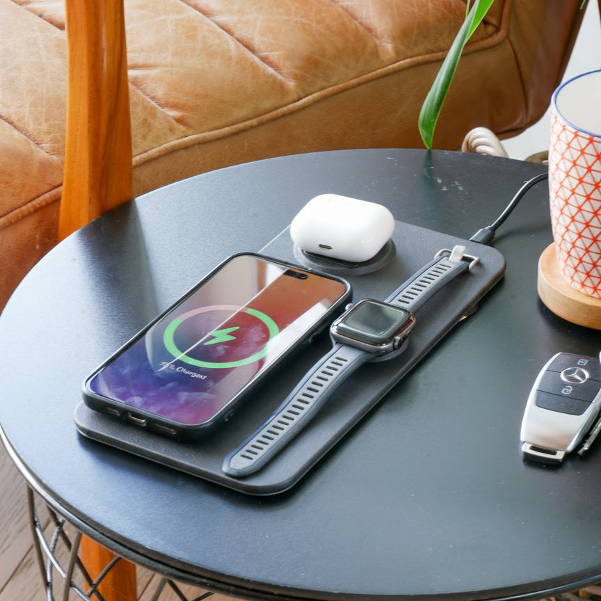 3 in 1 Wireless Charging Pad PU Leather Black