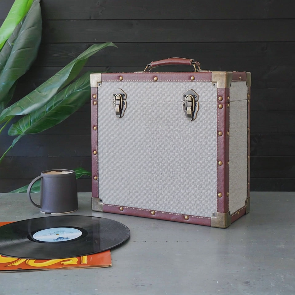 12 Inch Vinyl Record Storage Box Grey Fabric & Faux Leather Trim